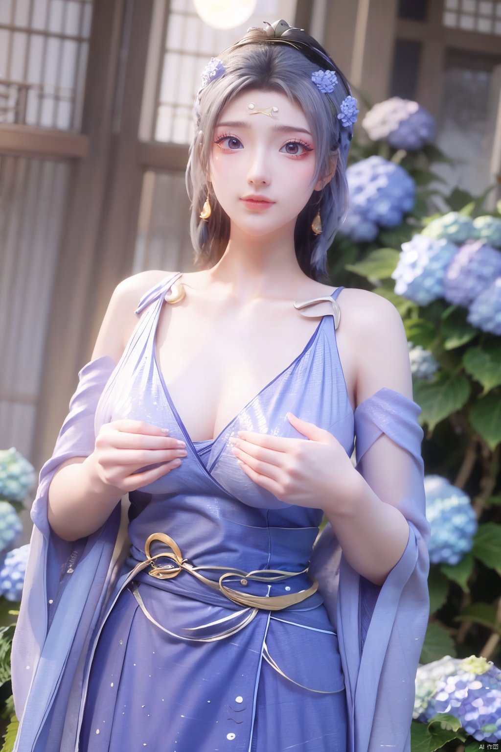 masterpiece,(best quality),official art,extremely detailed cg 8k wallpaper,(extremely delicate and beautiful),solo,realistic,photo_\(medium\),chinese clothes,blue dress,1girl,solo,blue eyes,earrings,mole,white hair,armor,crown,mole under eye,(big_breasts:1.39), Yunxiao_Fairy,X-Hydrangea, hanfu,(full moon,Hydrangea:1.59),Xwensiyue