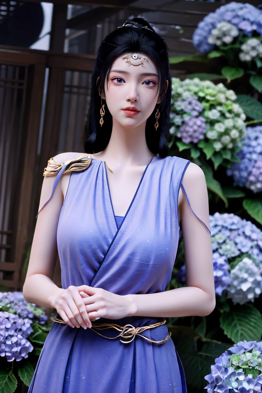 masterpiece,(best quality),official art,extremely detailed cg 8k wallpaper,(extremely delicate and beautiful),solo,realistic,photo_\(medium\),chinese clothes,blue dress,1girl,solo,blue eyes,earrings,mole,white hair,armor,crown,mole under eye,(big_breasts:1.39), Yunxiao_Fairy,X-Hydrangea, hanfu,(full moon,Hydrangea:1.39),Xwensiyue