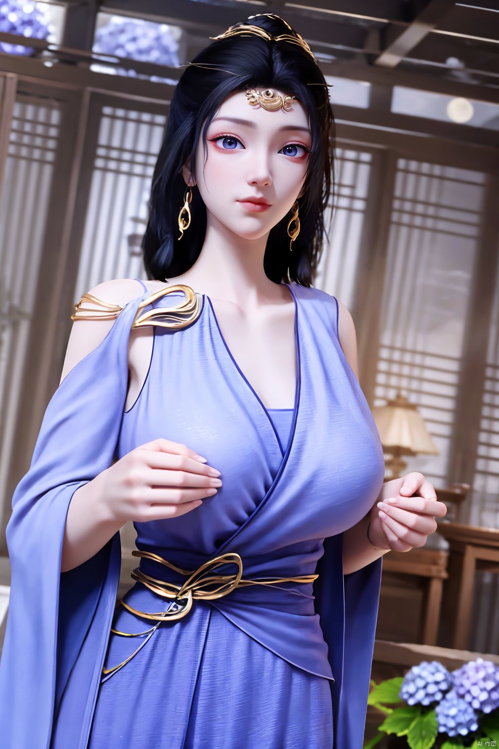 masterpiece,(best quality),official art,extremely detailed cg 8k wallpaper,(extremely delicate and beautiful),solo,realistic,photo_\(medium\),chinese clothes,blue dress,1girl,solo,blue eyes,earrings,mole,white hair,armor,crown,mole under eye,(big_breasts:1.39), Yunxiao_Fairy,X-Hydrangea, hanfu,(full moon,Hydrangea:1.39),Xwensiyue