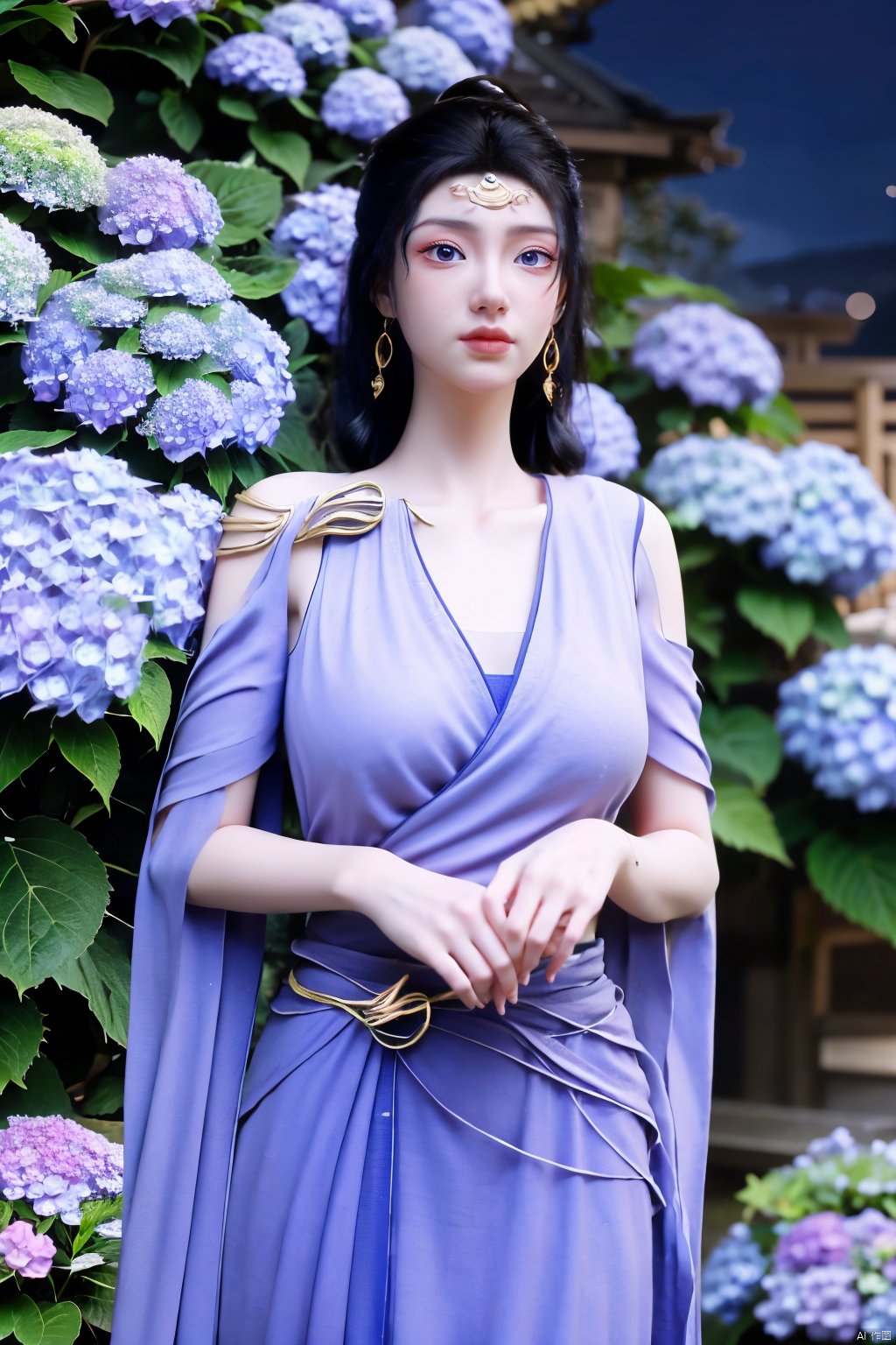 masterpiece,(best quality),official art,extremely detailed cg 8k wallpaper,(extremely delicate and beautiful),solo,realistic,photo_\(medium\),chinese clothes,blue dress,1girl,solo,blue eyes,earrings,mole,white hair,armor,crown,mole under eye,(big_breasts:1.39), Yunxiao_Fairy,X-Hydrangea, hanfu,(full moon,Hydrangea:1.39),Xwensiyue