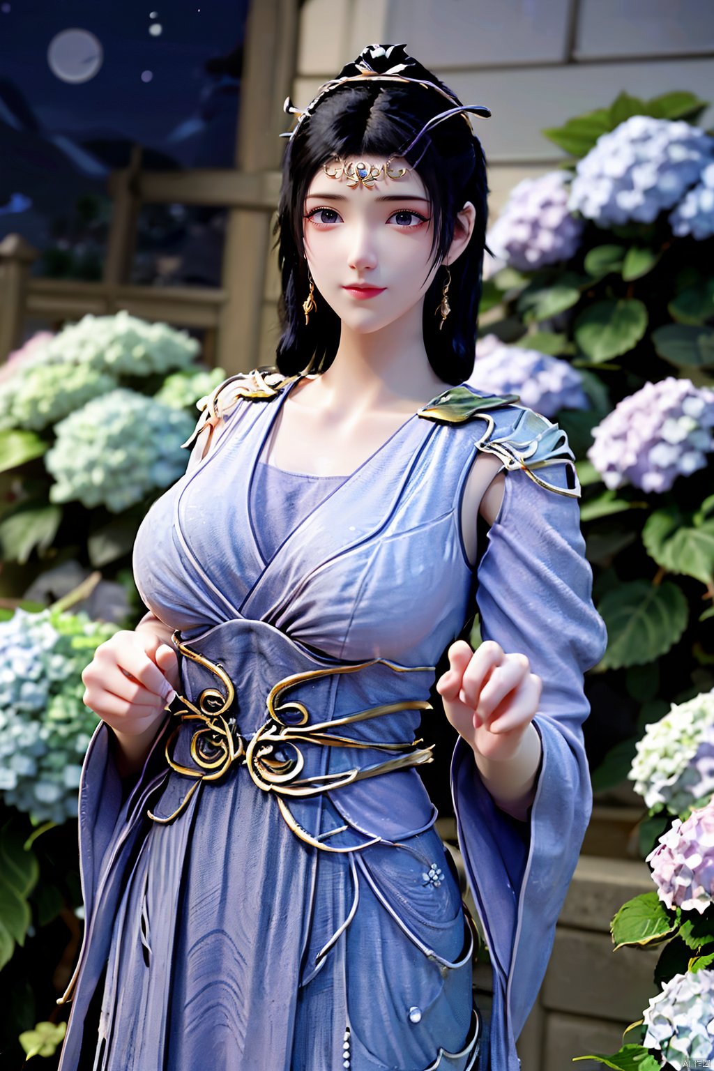 masterpiece,(best quality),official art,extremely detailed cg 8k wallpaper,(extremely delicate and beautiful),solo,realistic,photo_\(medium\),chinese clothes,blue dress,1girl,solo,blue eyes,earrings,mole,white hair,armor,crown,mole under eye,(big_breasts:1.39), Yunxiao_Fairy,X-Hydrangea, hanfu,(full moon,Hydrangea:1.59),Xwensiyue