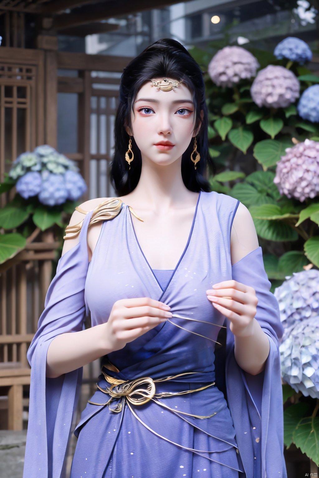 masterpiece,(best quality),official art,extremely detailed cg 8k wallpaper,(extremely delicate and beautiful),solo,realistic,photo_\(medium\),chinese clothes,blue dress,1girl,solo,blue eyes,earrings,mole,white hair,armor,crown,mole under eye,(big_breasts:1.39), Yunxiao_Fairy,X-Hydrangea, hanfu,(full moon,Hydrangea:1.39),Xwensiyue