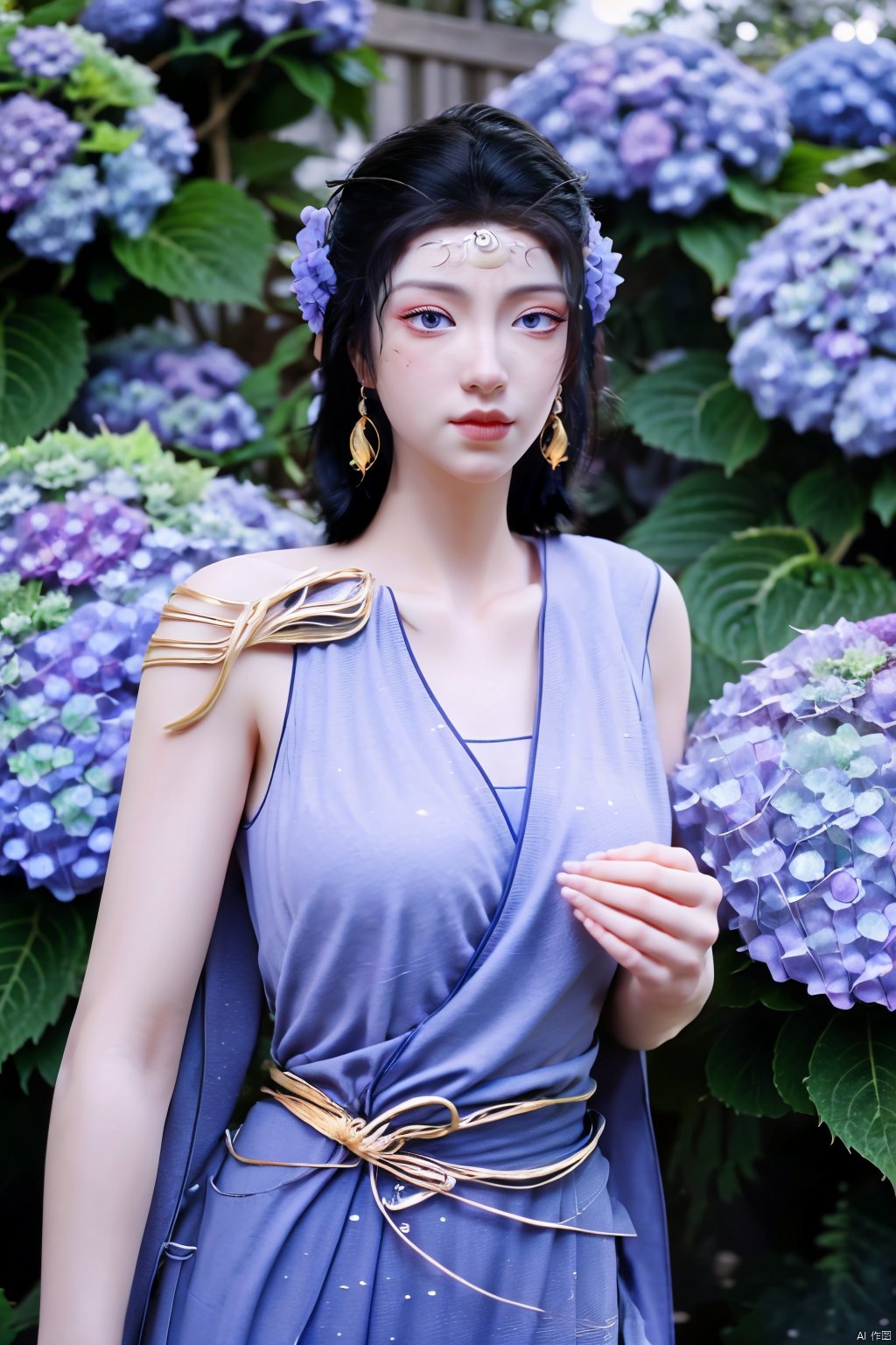 masterpiece,(best quality),official art,extremely detailed cg 8k wallpaper,(extremely delicate and beautiful),solo,realistic,photo_\(medium\),chinese clothes,blue dress,1girl,solo,blue eyes,earrings,mole,white hair,armor,crown,mole under eye,(big_breasts:1.39), Yunxiao_Fairy,X-Hydrangea, hanfu,(full moon,Hydrangea:1.59),Xwensiyue