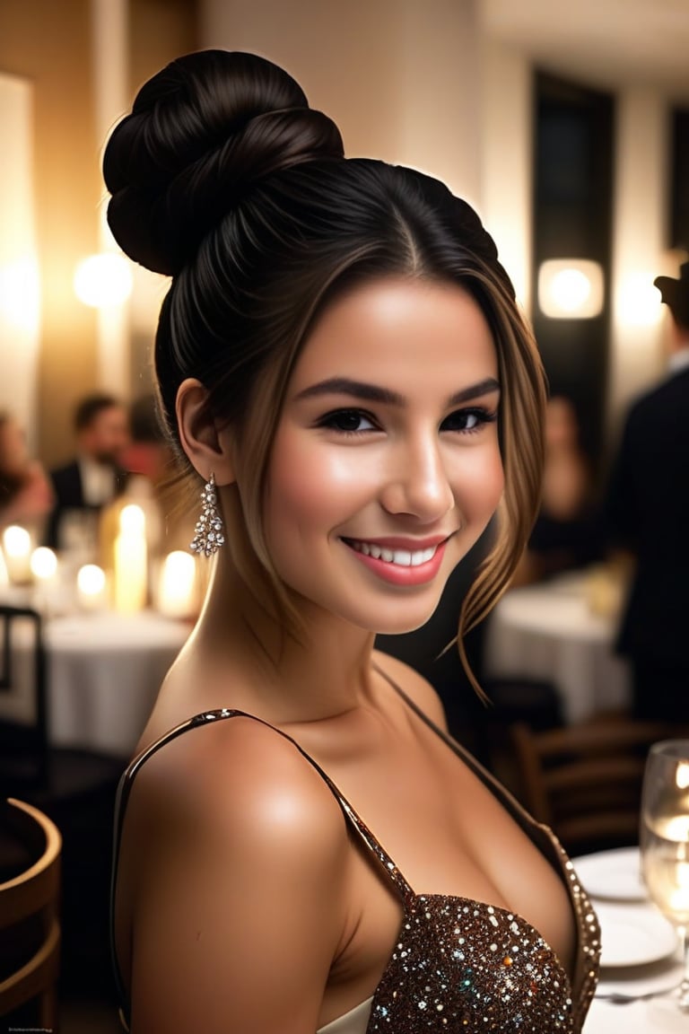 A 25-year-old woman with long dark brown hair styled in an elegant bun. She has light skin and a joyful expression with a bright smile. Her face features are soft yet defined, with a slightly pointed chin, high cheekbones, and a more pronounced, slightly hooked nose that reflects her Jewish heritage. She has almond-shaped brown eyes that sparkle with warmth. She is wearing a stylish, semi-formal dress suitable for a party, which accentuates her figure without being overly revealing. She is standing at the party, with other people and festive decorations in the background. The overall scene should have a lively and vibrant feel, with soft, warm lighting to emphasize the joyous atmosphere.,(((photorealism:1.4))),(((perfect hands:1.4)))