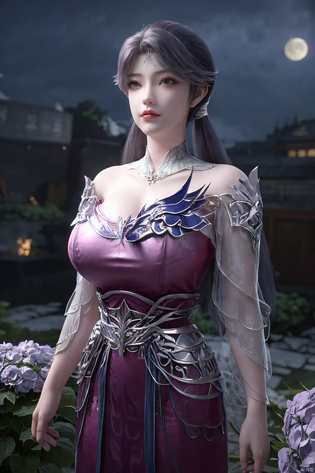 (Masterpiece:1.2), best quality,1girl,blue eyes,long white hair,silver crown,armor,headwear,gufeng,half body photo,petal,real,photo realistic,highly detailed,(masterpiece),(high quality),best quality,super detailed,full detail,4k,8k,(big breasts:1.39),X-Hydrangea,(full moon,Hydrangea:1.29),Xluoyan