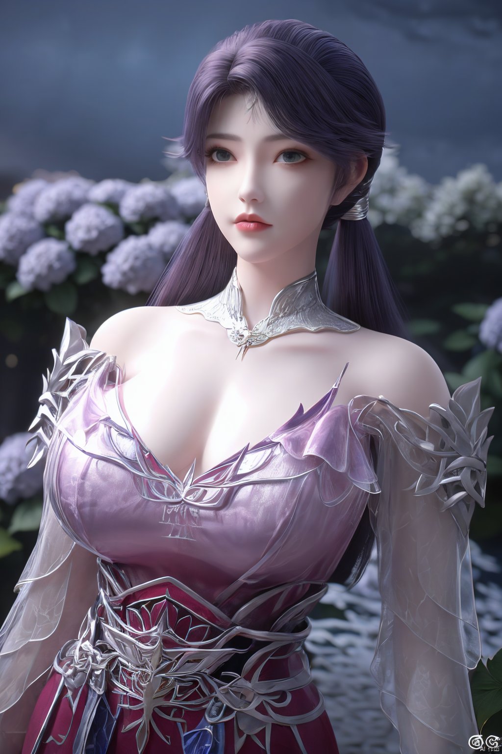 (Masterpiece:1.2), best quality,1girl,blue eyes,long white hair,silver crown,armor,headwear,gufeng,half body photo,petal,real,photo realistic,highly detailed,(masterpiece),(high quality),best quality,super detailed,full detail,4k,8k,(big breasts:1.39),X-Hydrangea,(full moon,Hydrangea:1.29),Xluoyan