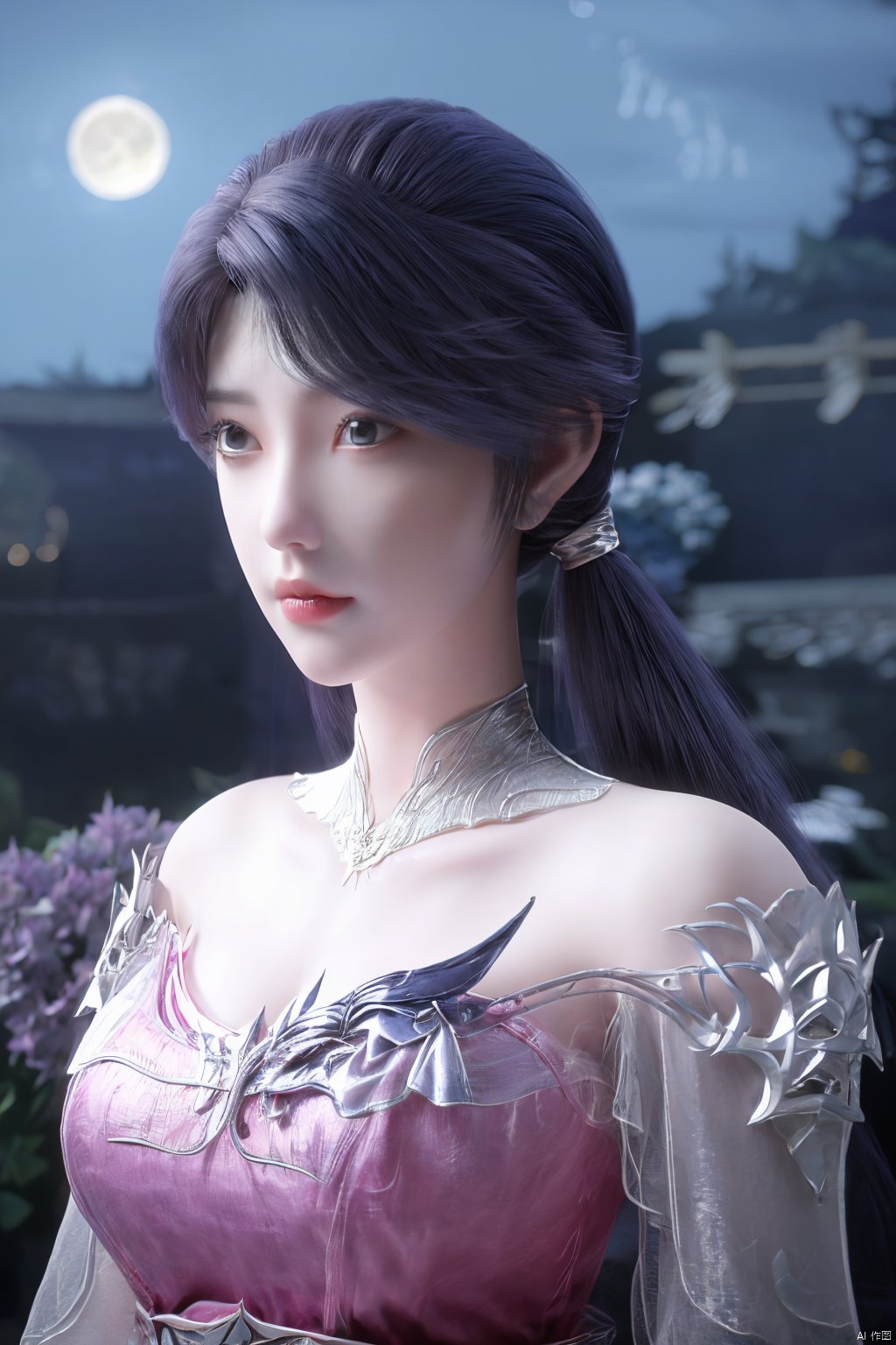 (Masterpiece:1.2), best quality,1girl,blue eyes,long white hair,silver crown,armor,headwear,gufeng,half body photo,petal,real,photo realistic,highly detailed,(masterpiece),(high quality),best quality,super detailed,full detail,4k,8k,(big breasts:1.39),X-Hydrangea,(full moon,Hydrangea:1.29),Xluoyan