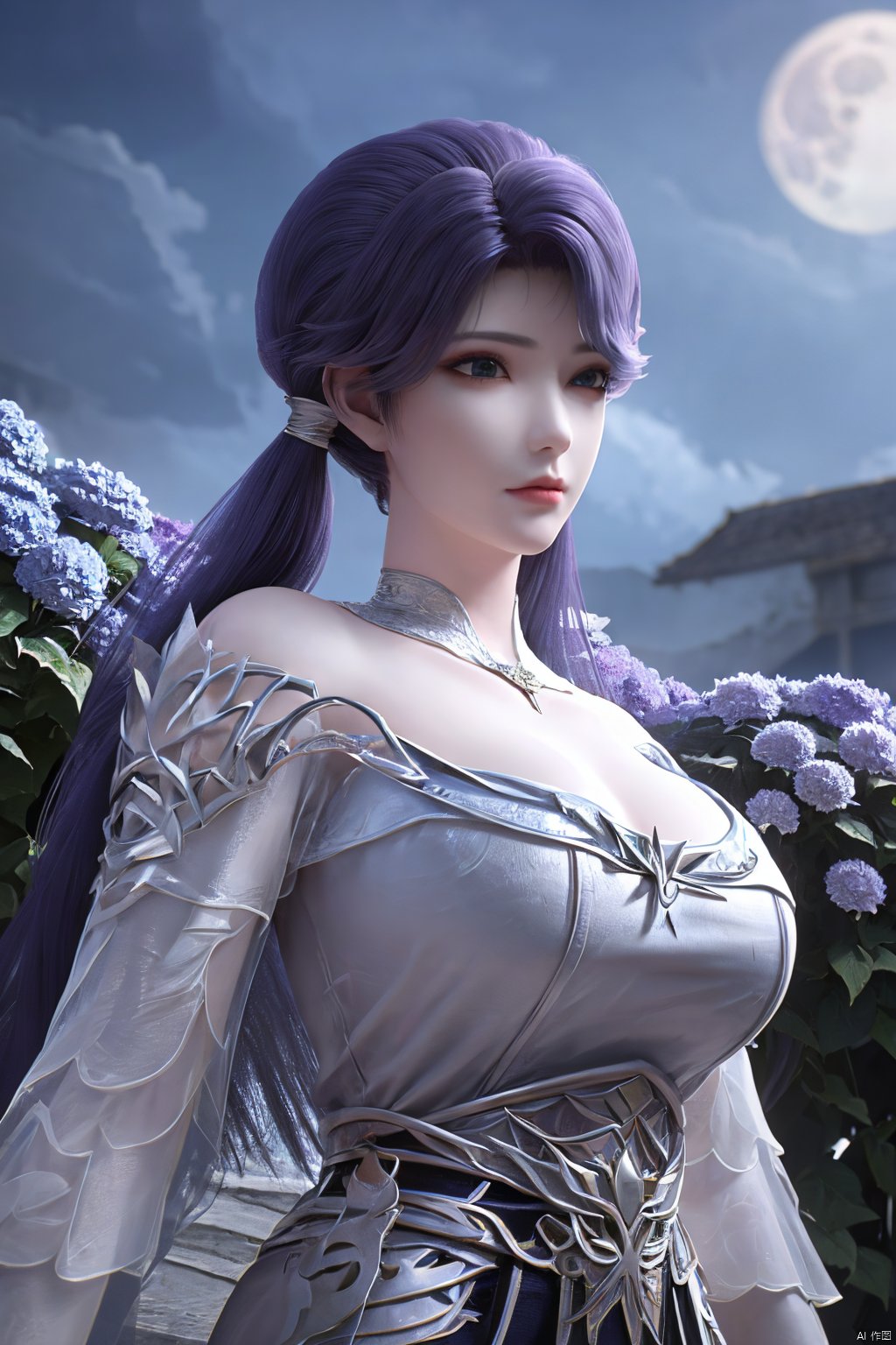 (Masterpiece:1.2), best quality,1girl,blue eyes,long white hair,silver crown,armor,headwear,gufeng,half body photo,petal,real,photo realistic,highly detailed,(masterpiece),(high quality),best quality,super detailed,full detail,4k,8k,(big breasts:1.5),X-Hydrangea,(full moon,Hydrangea:1.29),Xluoyan