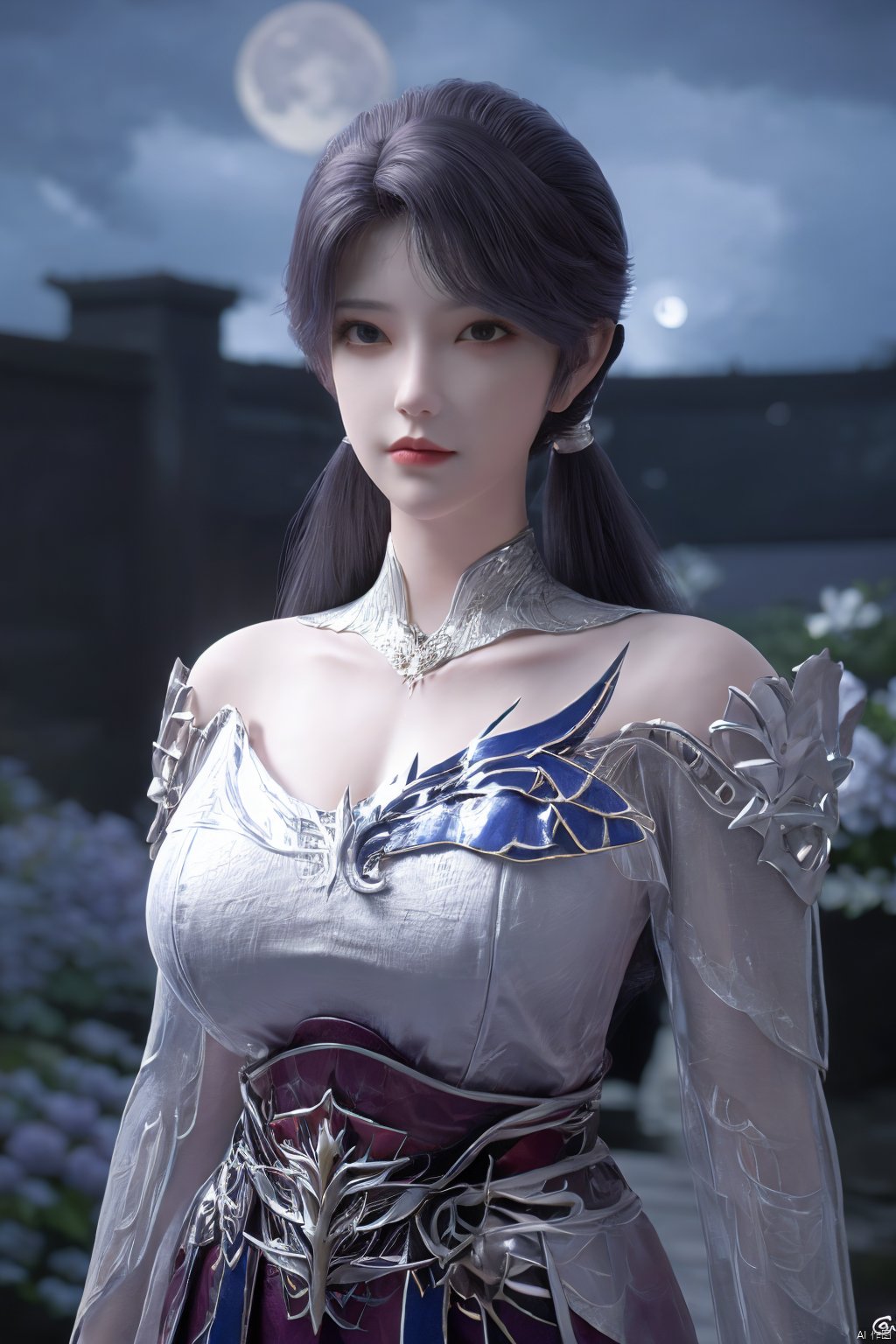 (Masterpiece:1.2), best quality,1girl,blue eyes,long white hair,silver crown,armor,headwear,gufeng,half body photo,petal,real,photo realistic,highly detailed,(masterpiece),(high quality),best quality,super detailed,full detail,4k,8k,(big breasts:1.39),X-Hydrangea,(full moon,Hydrangea:1.29),Xluoyan