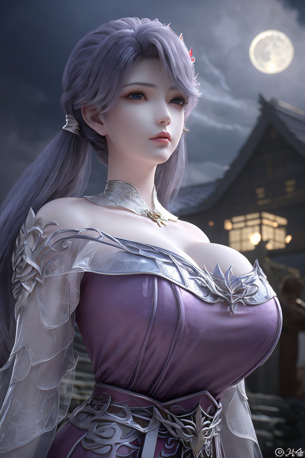 (Masterpiece:1.2), best quality,1girl,blue eyes,long white hair,silver crown,armor,headwear,gufeng,half body photo,petal,real,photo realistic,highly detailed,(masterpiece),(high quality),best quality,super detailed,full detail,4k,8k,(big breasts:1.5),X-Hydrangea,(full moon,Hydrangea:1.29),Xluoyan