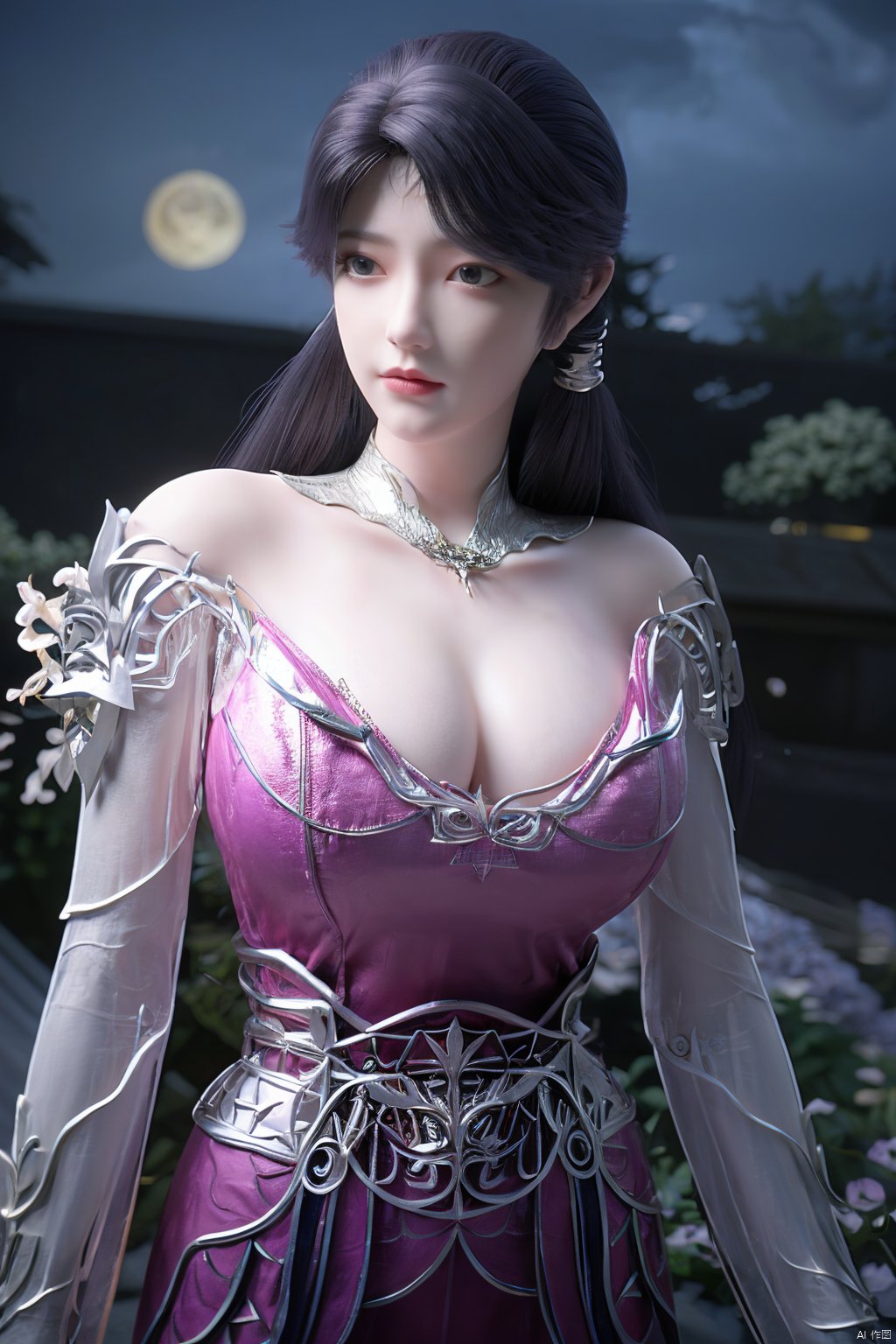 (Masterpiece:1.2), best quality,1girl,blue eyes,long white hair,silver crown,armor,headwear,gufeng,half body photo,petal,real,photo realistic,highly detailed,(masterpiece),(high quality),best quality,super detailed,full detail,4k,8k,(big breasts:1.39),X-Hydrangea,(full moon,Hydrangea:1.29),Xluoyan