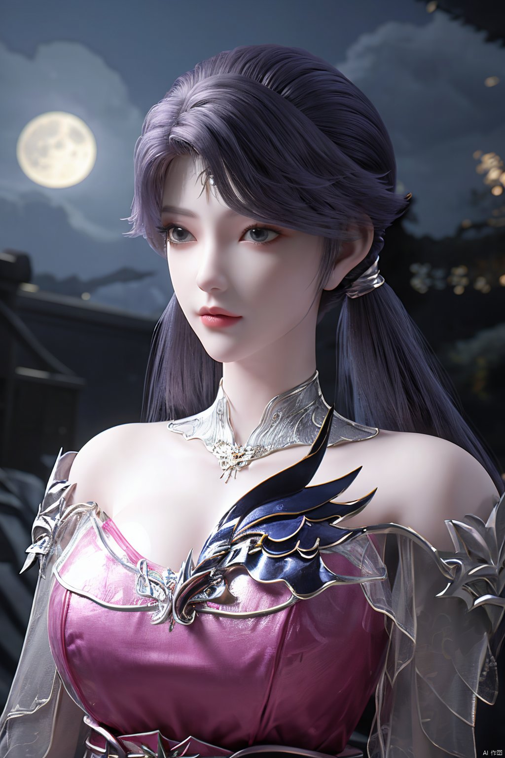 (Masterpiece:1.2), best quality,1girl,blue eyes,long white hair,silver crown,armor,headwear,gufeng,half body photo,petal,real,photo realistic,highly detailed,(masterpiece),(high quality),best quality,super detailed,full detail,4k,8k,(big breasts:1.39),X-Hydrangea,(full moon,Hydrangea:1.29),Xluoyan