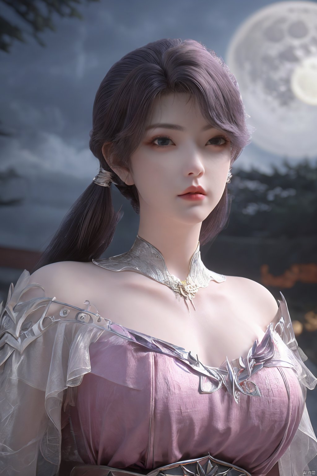 (Masterpiece:1.2), best quality,1girl,blue eyes,long white hair,silver crown,armor,headwear,gufeng,half body photo,petal,real,photo realistic,highly detailed,(masterpiece),(high quality),best quality,super detailed,full detail,4k,8k,(big breasts:1.39),X-Hydrangea,(full moon,Hydrangea:1.29),Xluoyan