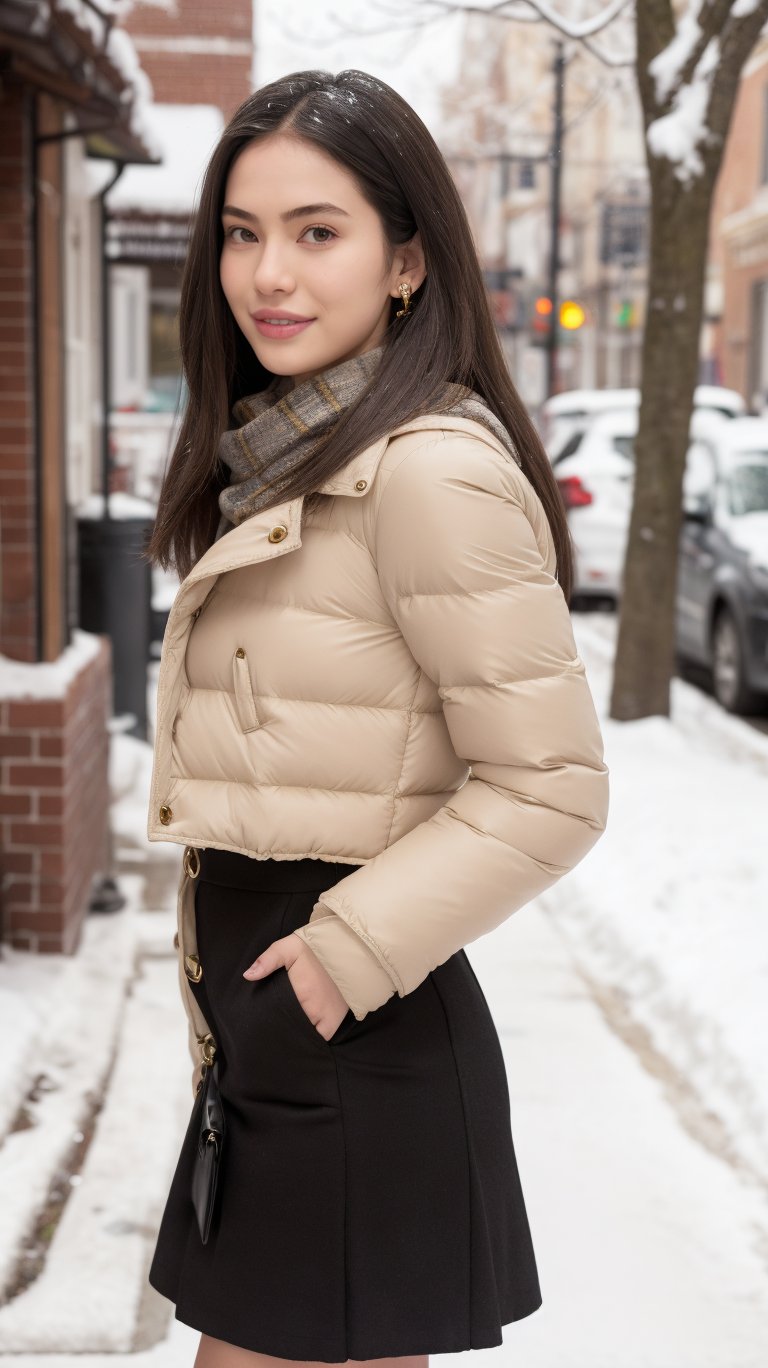 Beautiful and delicate light, (beautiful and delicate eyes), pale skin, big smile, (brown eyes), (black long hair), dreamy, medium chest, woman 1, (front shot),bangs, soft expression, height 170, elegance, bright smile, 8k art photo, realistic concept art, realistic, portrait, necklace, small earrings, handbag, fantasy, jewelry, shyness, skirt, winter down parka, scarf, snowy street, footprints,Future girl, kama-yi, (kama-yi)