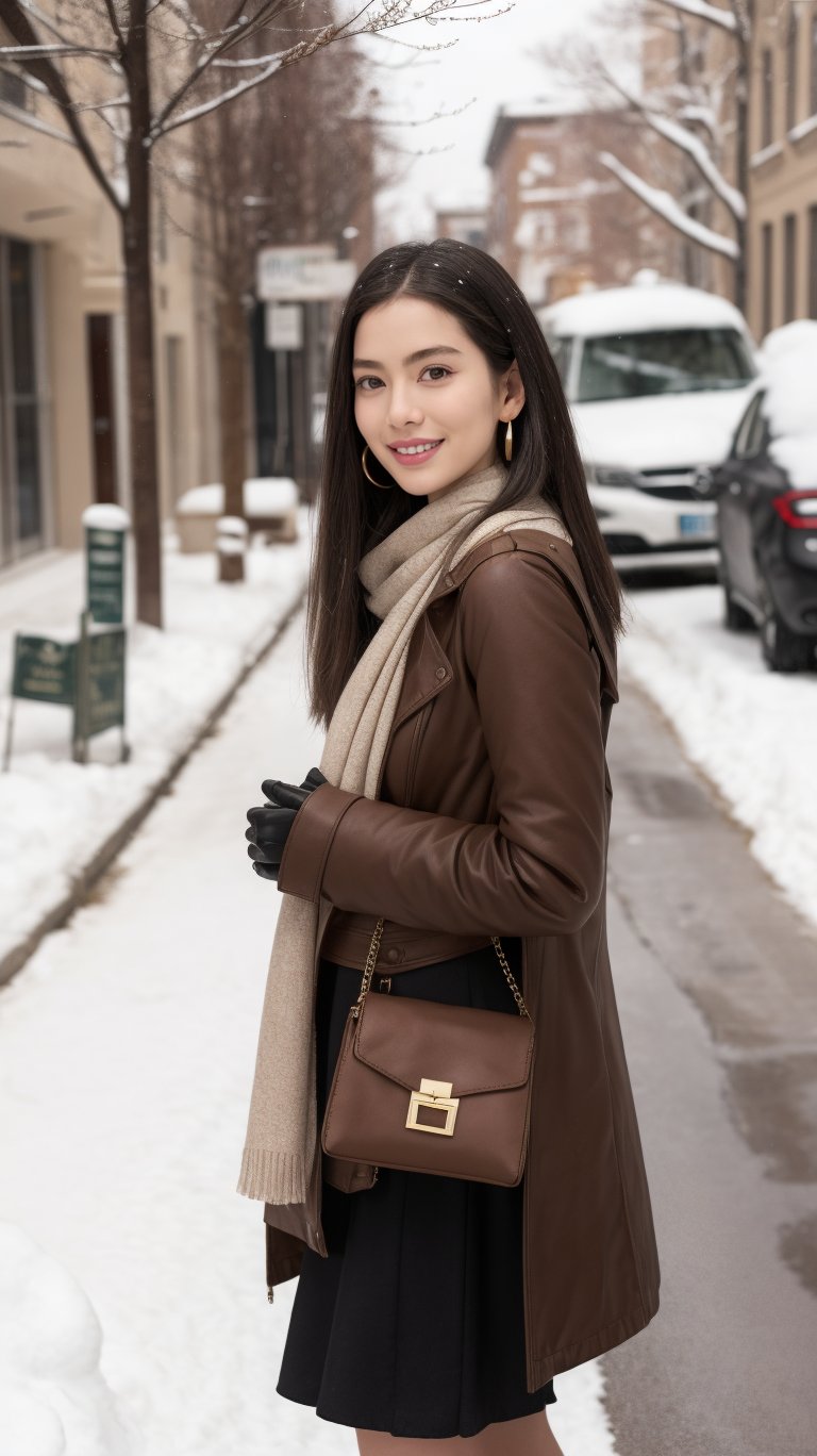 Beautiful and delicate light, (beautiful and delicate eyes), pale skin, big smile, (brown eyes), (black long hair), dreamy, medium chest, woman 1, (front shot),bangs, soft expression, height 170, elegance, bright smile, 8k art photo, realistic concept art, realistic, portrait, necklace, small earrings, handbag, fantasy, jewelry, shyness, skirt, winter down parka, scarf, snowy street, footprints,Future girl, kama-yi, (kama-yi)