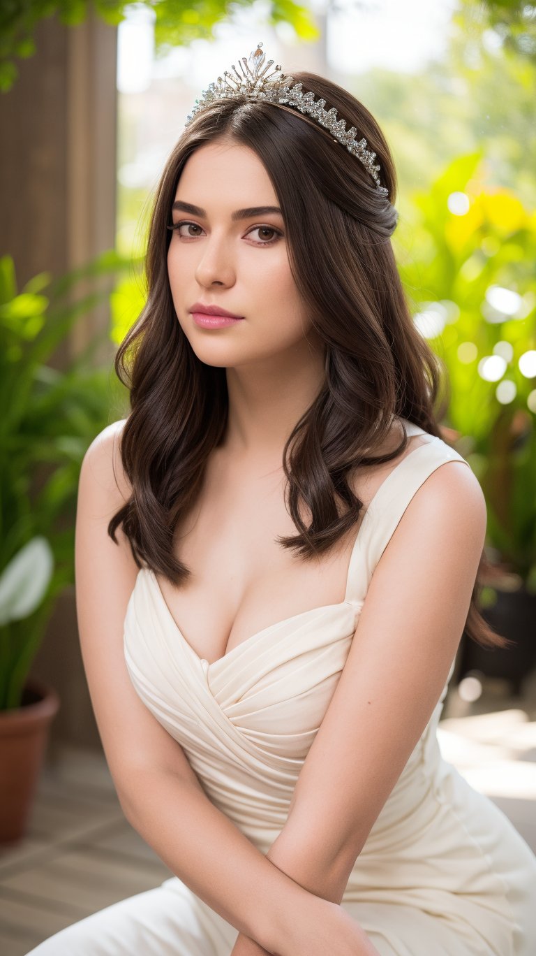 A serene young woman with luscious wavy locks gazes upward from a 1:3 body-length portrait. Framed by a shallow depth of field, her radiant features are bathed in sharp, bright light. A delicate bridal hairstyle crowns her head as she looks directly up at the camera. Capture this stunning moment with crystal-clear clarity and RAW photo quality using the El-V1 and PP-V3 settings.