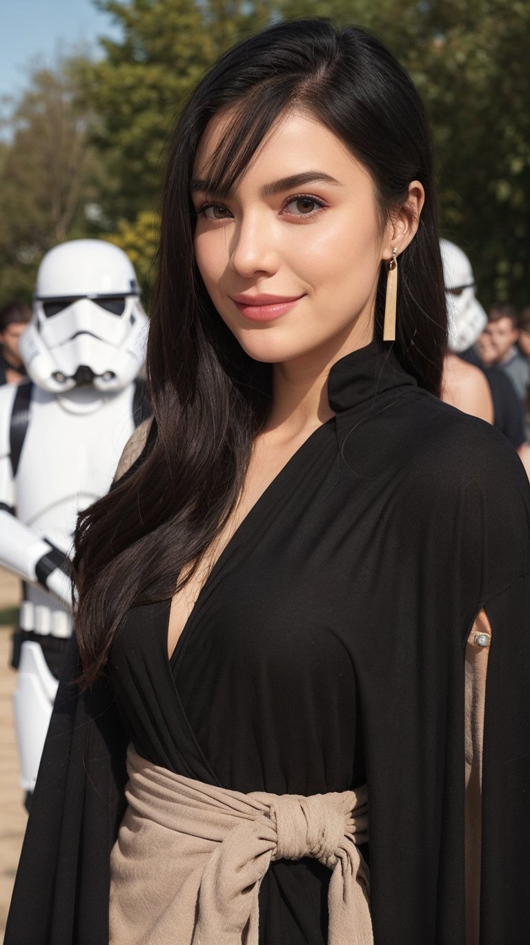 1girl, solo, long hair, looking at the viewer, smile, laugh, teeth, bangs, brown hair, realistic,  wearing a tight black suit, dressed as a Jedi Master. Starwars. black cloak. rope,  standing at warzone, Starwars, Stormtroopers, Sith, explosions, laser shots, earrings, black eyes, lips, bow headband, lips, ribbon, realistic, parted lips, lips, ribbon, realistic, blurry background,