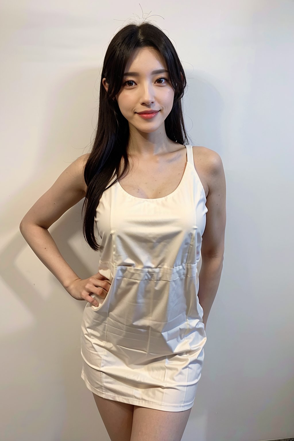 best quality,masterpiece,ultra high res,looking at viewer,simple background, 1girl, solo, looking_at_viewer, black hair,realistic,(standing),slim,(smile)(,hands_behind_back),