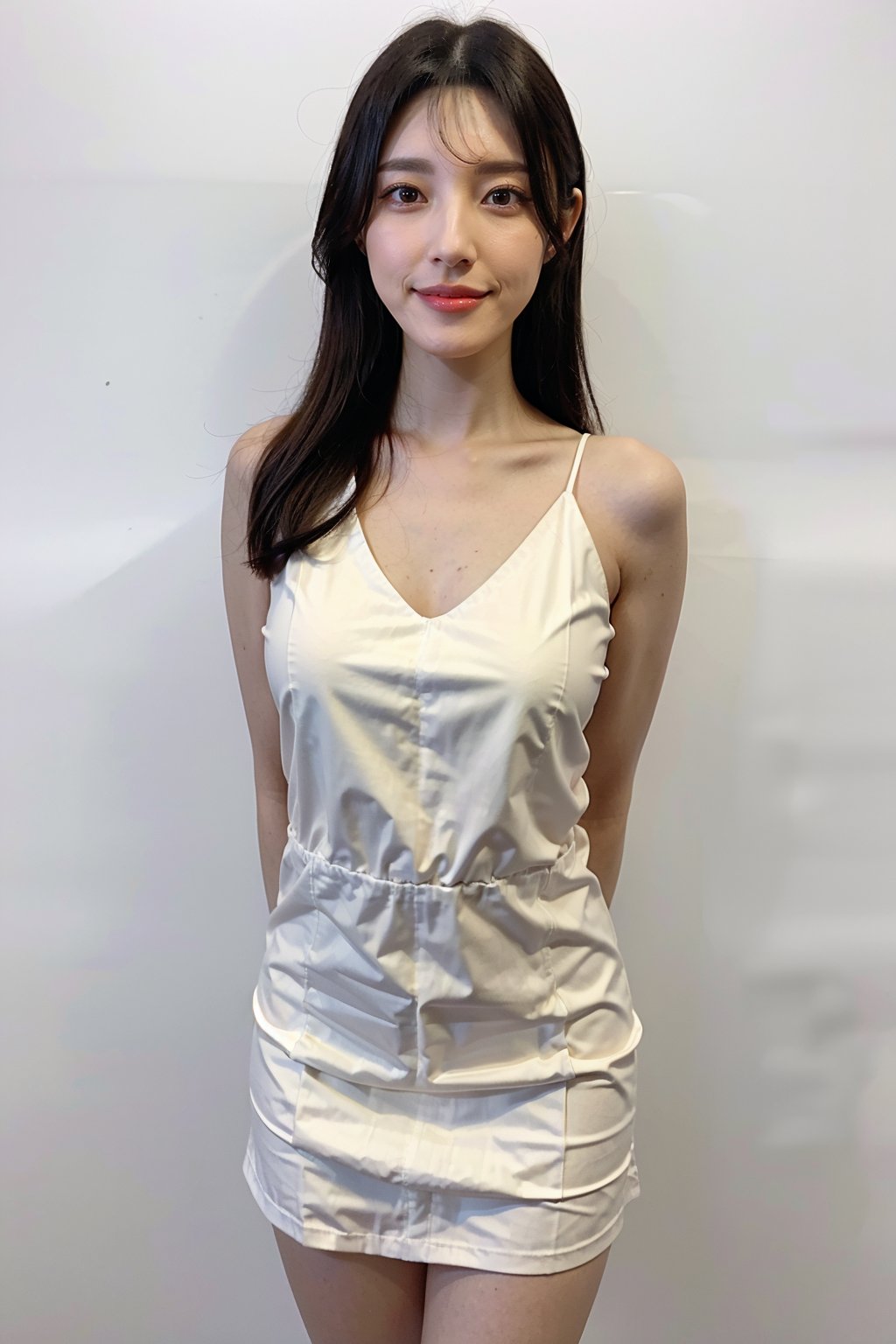 best quality,masterpiece,ultra high res,looking at viewer,simple background, 1girl, solo, looking_at_viewer, black hair,realistic,(standing),slim,(smile)(,hands_behind_back),