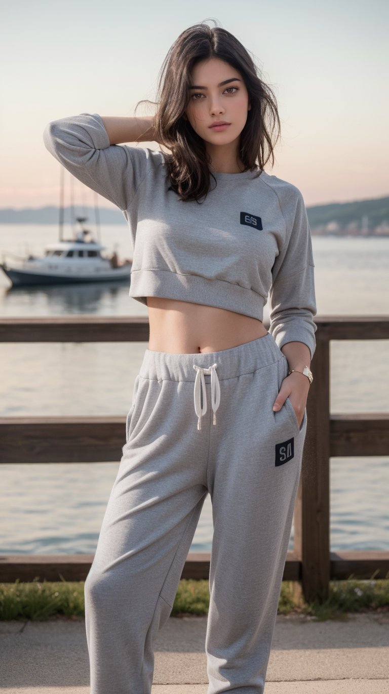 a expressive woman,Blunt bob,Brunette,Athleisure Comfy sweatpants in a soft grey fleece material.,claw pose,,Calm sky with sailboats on the horizon,Middle Ages,Grunge style Textured distressed vintage edgy punk rock vibe dirty noisy,style by Misha Gordin,bokeh professional 4k highly detailed,Fujichrome Provia 100F,split lighting