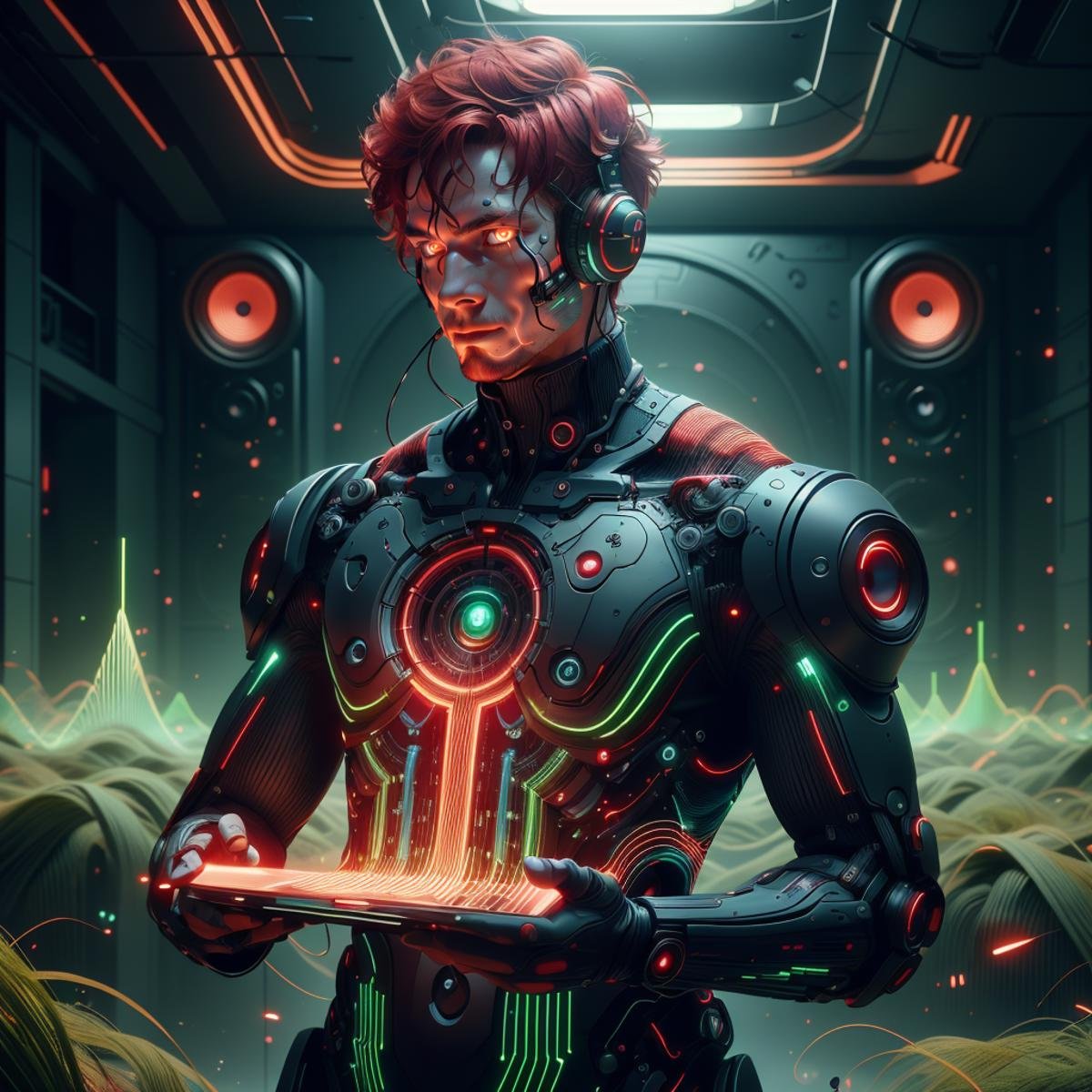 <lora:NaviSoundwaveTech:0.8> soundwavetech ,scifi, digital music,glowing frequencies,1boy,man , holding,upper body, red hair, grassy fields , short hair, turtleneck suite , coat , holding a tablet , indoors, red eyes,