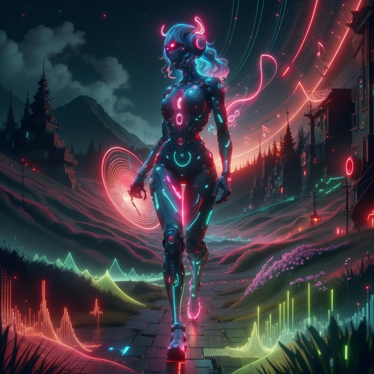 <lora:NaviSoundwaveTech:0.8> soundwavetech ,scifi, digital music,glowing frequencies,synthetic girl, monster girl, hills, scenery,walking,full body, flowers, long hair,