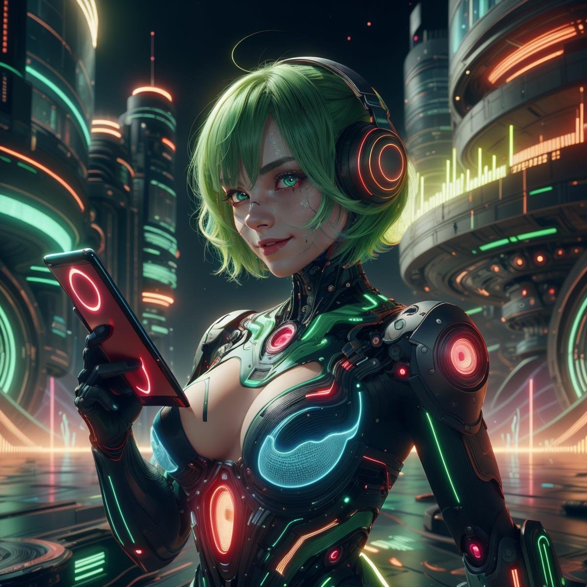 <lora:NaviSoundwaveTech:0.8> soundwavetech ,scifi, digital music,glowing frequencies,closeup, small breasts, seductive smile, best quality, bob cut, red eyes, green hair,multicolored hair, aqua hair, 1girl, standing in a scifi city, holding a tablet,