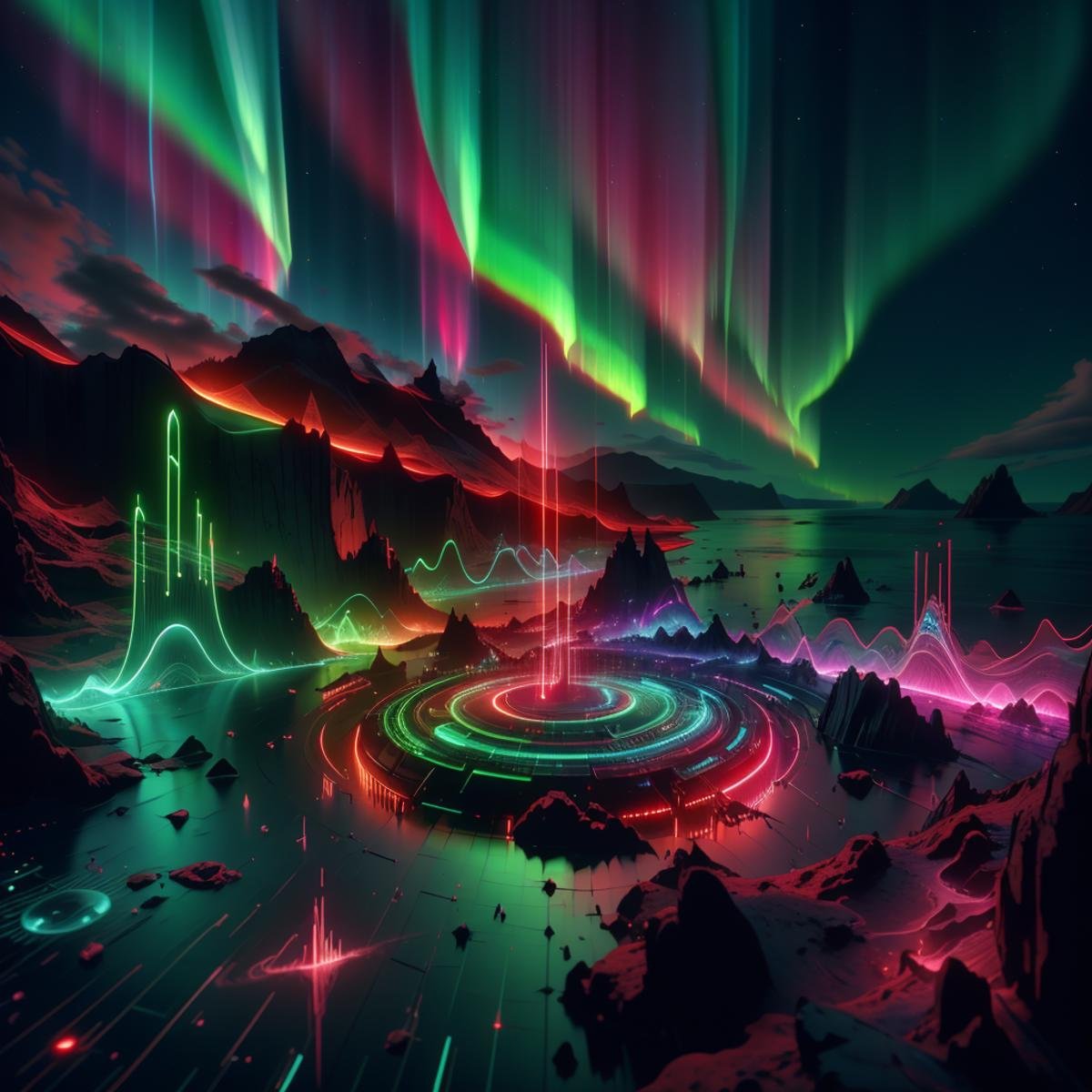 <lora:NaviSoundwaveTech:0.8> soundwavetech ,scifi, digital music,glowing frequencies,(islands archipelago) , aurora borealis 