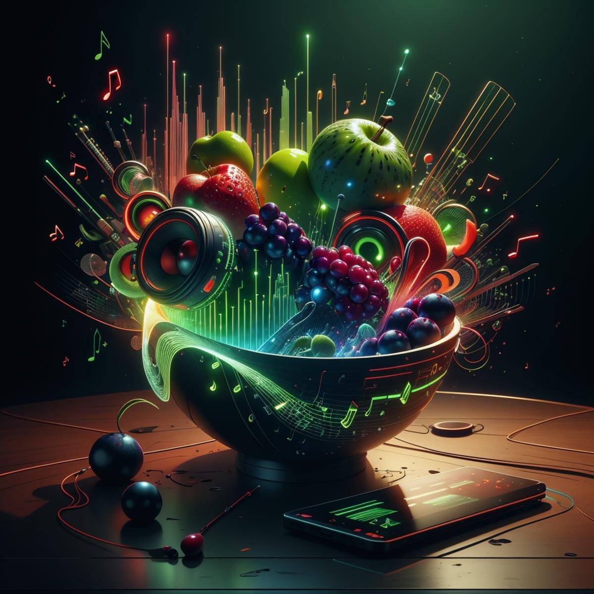 <lora:NaviSoundwaveTech:0.8> soundwavetech ,scifi, digital music,glowing frequencies,bowl of fruits, 