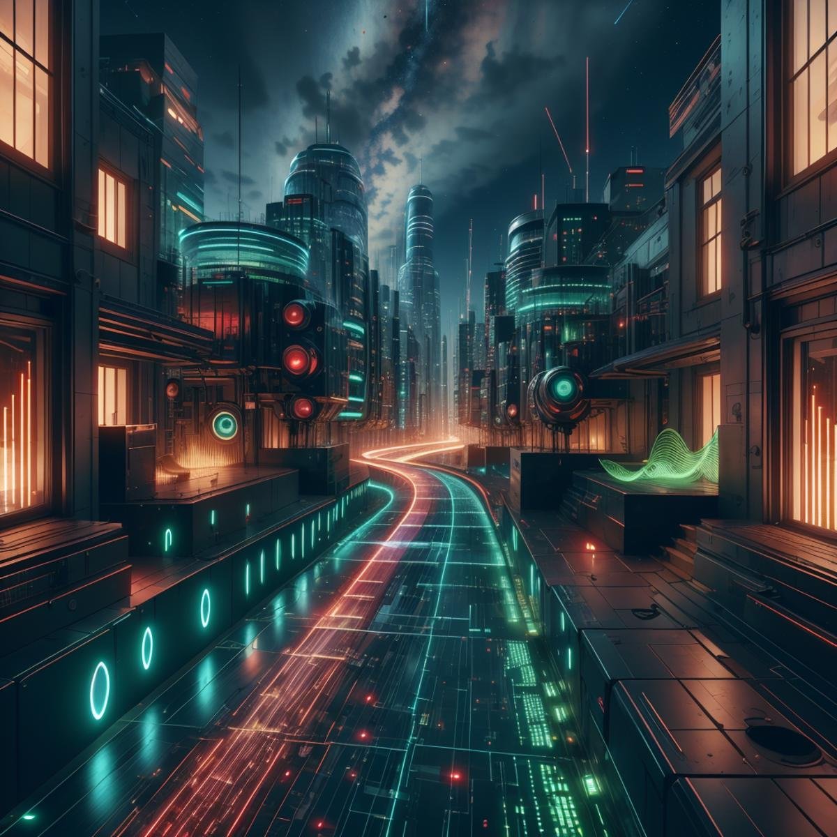 <lora:NaviSoundwaveTech:0.8> soundwavetech ,scifi, digital music,glowing frequencies, city, buildings, rooftop view, windows, airships , city lights, night sky, starry sky,silhouette, catwalk \(walkway\),