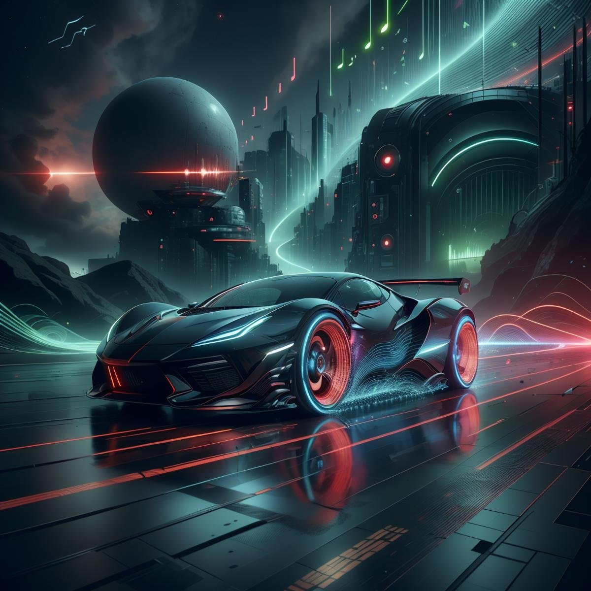 <lora:NaviSoundwaveTech:0.8> soundwavetech ,scifi, digital music,glowing frequencies,(sports car:0.6), vehicle, 