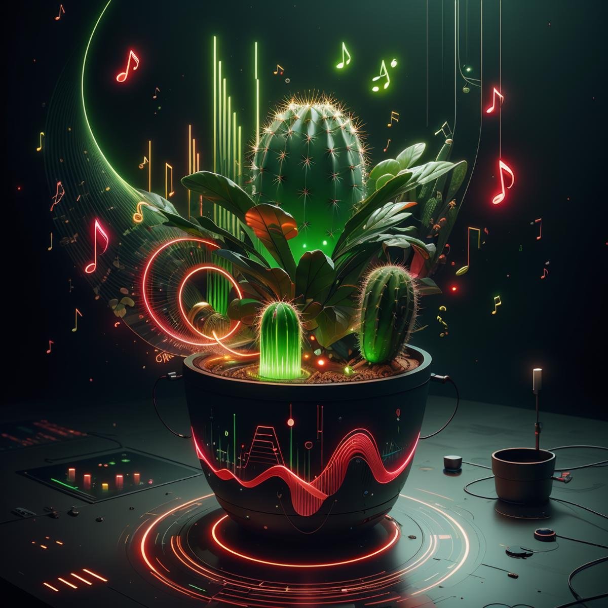 <lora:NaviSoundwaveTech:0.8> soundwavetech ,scifi, digital music,glowing frequencies,cactus in a pot, 