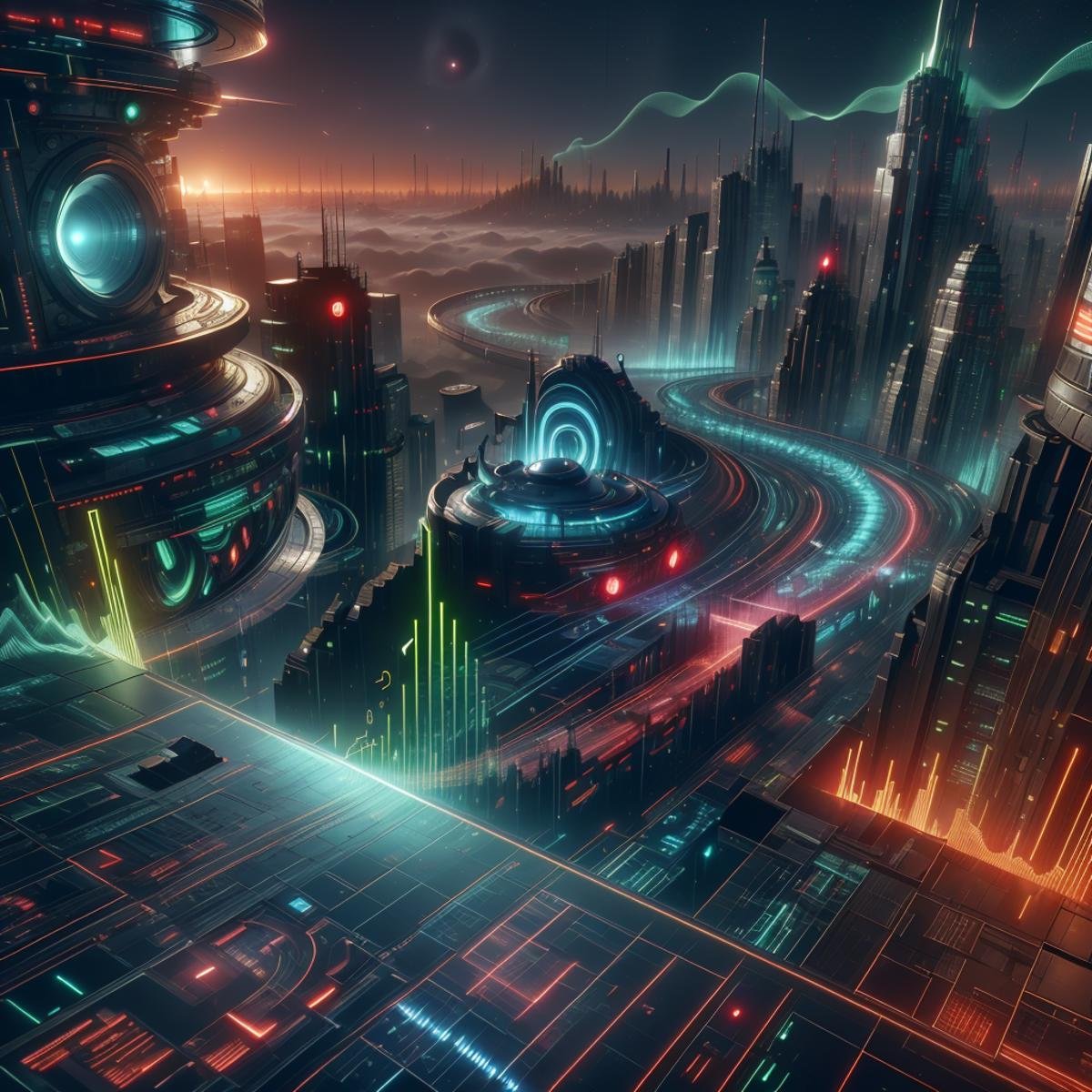 <lora:NaviSoundwaveTech:0.9> soundwavetech ,scifi, digital music,glowing frequencies,city, buildings, rooftop view, windows, airships, morning,