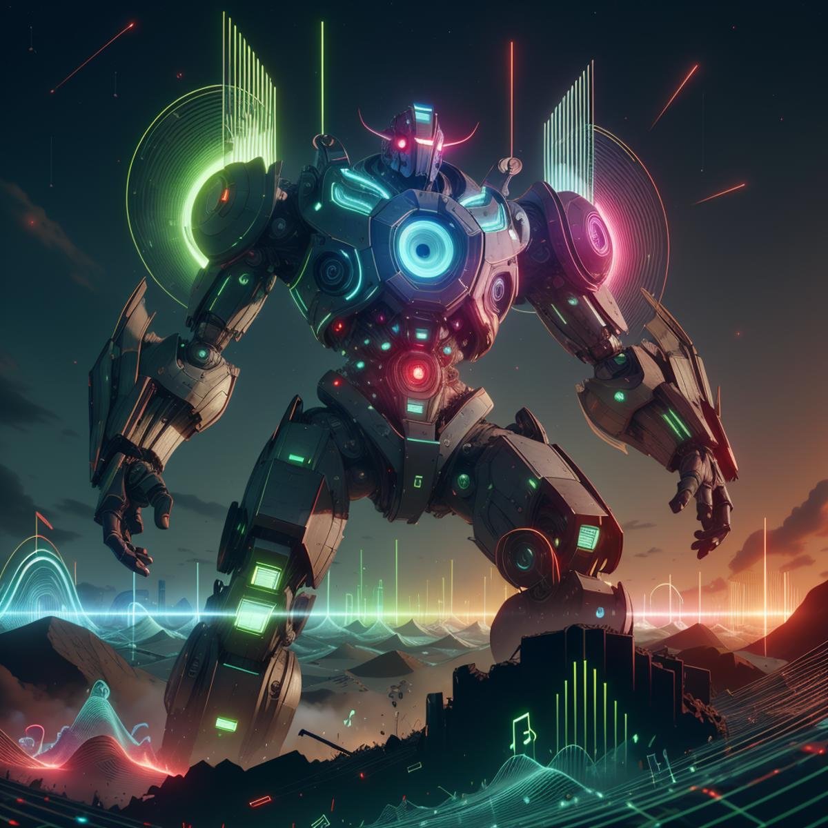 <lora:NaviSoundwaveTech:0.8> soundwavetech ,scifi, digital music,glowing frequencies,third person view, at rooftop, looking at huge colossal battle mech , destruction,