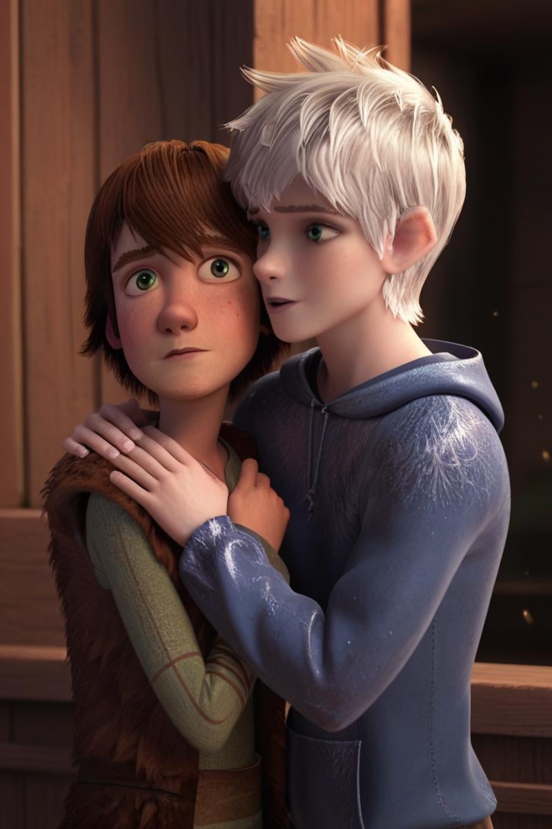 score_9, score_8_up, score_7_up, score_6_up, masterpiece, best quality, amazing quality, best aesthetic, absurdres, intricate details, detailed face, 2 boys ,friends, hugjack frost, white hair, blue eyes  hiccup, brown hair, green eyes<lora:EMS-436752-EMS:1.000000>