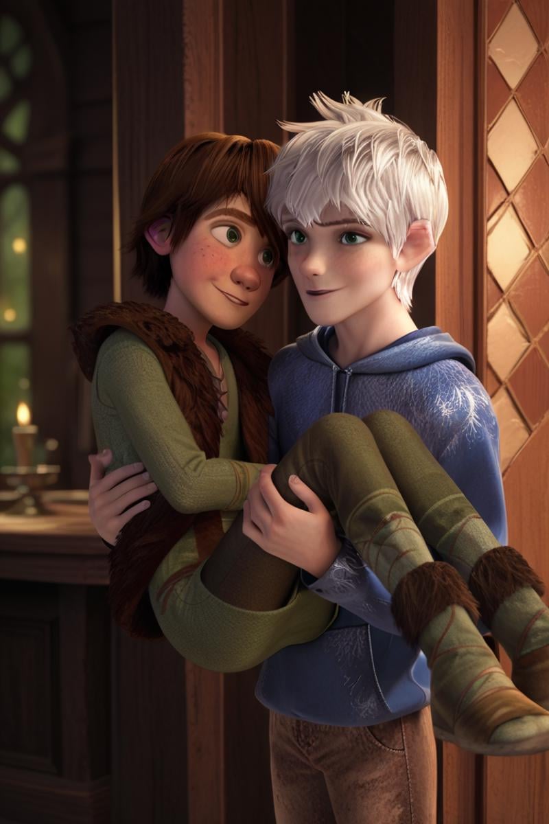 score_9, score_8_up, score_7_up, score_6_up, masterpiece, best quality, amazing quality, best aesthetic, absurdres, intricate details, detailed face,2 boys,jack frost, white hair, blue eyes, smile, hiccup, brown hair, green eyes,princess carry, blush<lora:EMS-436752-EMS:1.000000>, <lora:EMS-413232-EMS:0.800000>