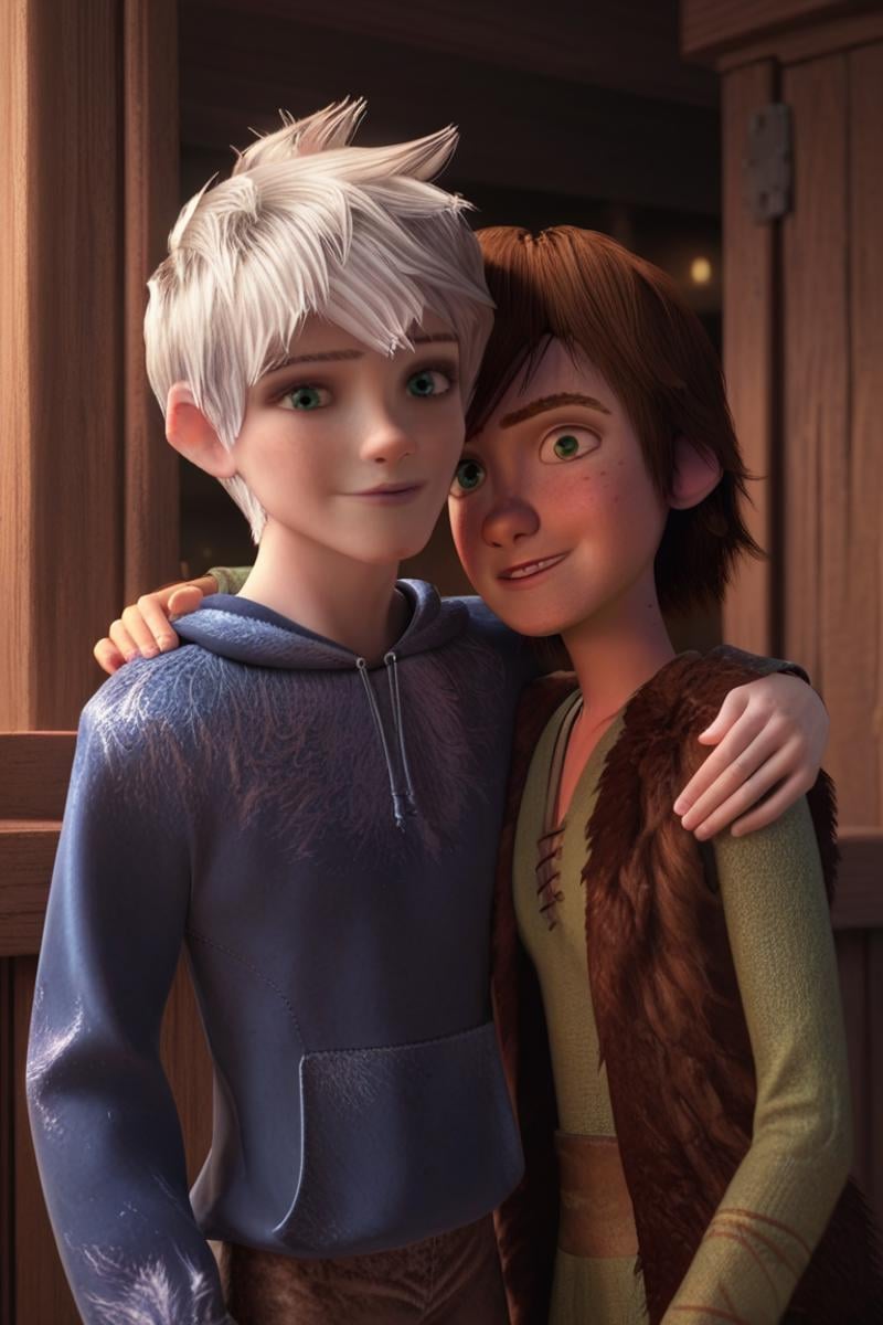 score_9, score_8_up, score_7_up, score_6_up, masterpiece, best quality, amazing quality, best aesthetic, absurdres, intricate details, detailed face, v, (arm around shoulder:1.1), looking at viewer, smile,jack frost, white hair, blue eyes  hiccup, brown hair, green eyes<lora:EMS-436752-EMS:1.000000>