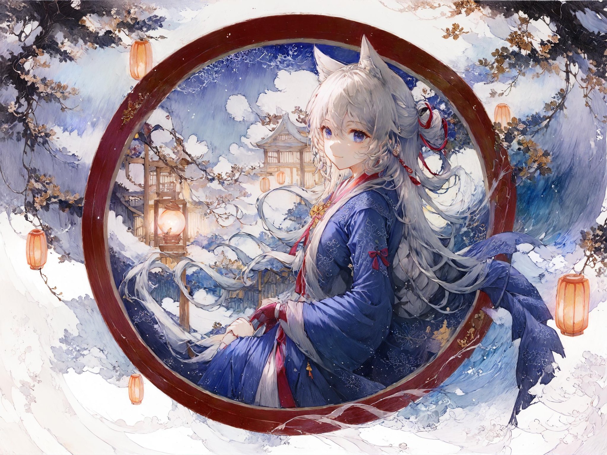 (cropped background, round image:1.22), [(white background:1.1)::4], solo,   (traditional media:1.23),[((1girl:1.3),long_hair, long sleeves, (white hair:1.32), [hair between eyes], blue eyes, hanfu, gloves,light smile,(beautiful detailed face:1.1), (beautiful detailed eyes:1.14), cropped torso,snowing, snow, lantern, plum blossoms, night,classical Chinese scenes, temple, east asian architecture, ):5]