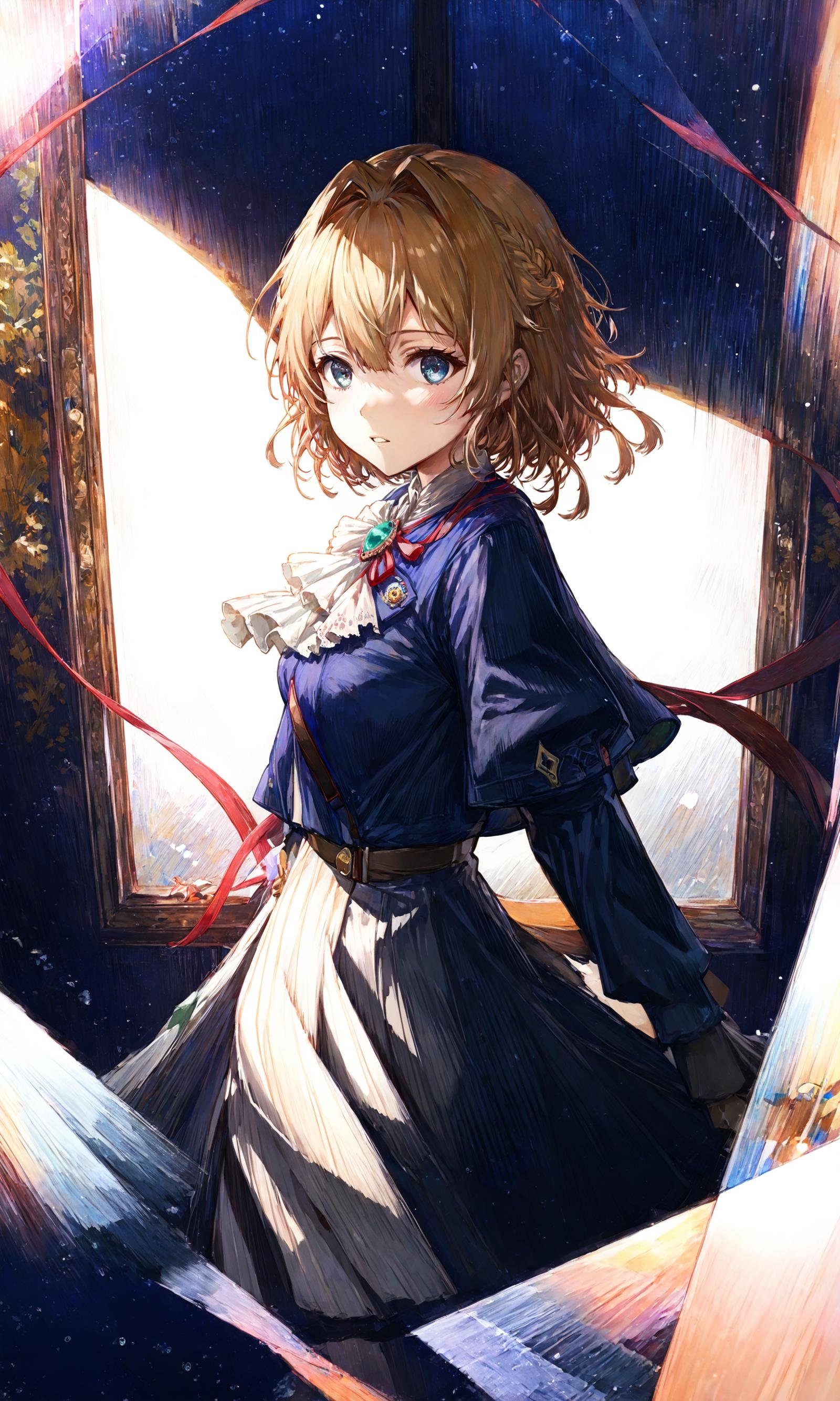 masterpiece,best quality,ultra-detailed,very aesthetic,absurdres,finely detailed, violet evergarden, 1girl, solo, full body,blue eyes, blonde hair, red ribbon, ribbon, hair ribbon, gloves, green agate, white background, braid, hair between eyes, long sleeves, simple background, blue jacket, brooch, jacket, bangs, puffy sleeves, looking at viewer, brown gloves, hair intakes, ascot, holding, white ascot, dress, juliet sleeves, parted lips,blush,Expressiveh,focus,ray tracing,blush,shy,texture,As the night unfolds,a fireworks display lights up the sky outside the window,painting the heavens with a vibrant spectrum of colors,