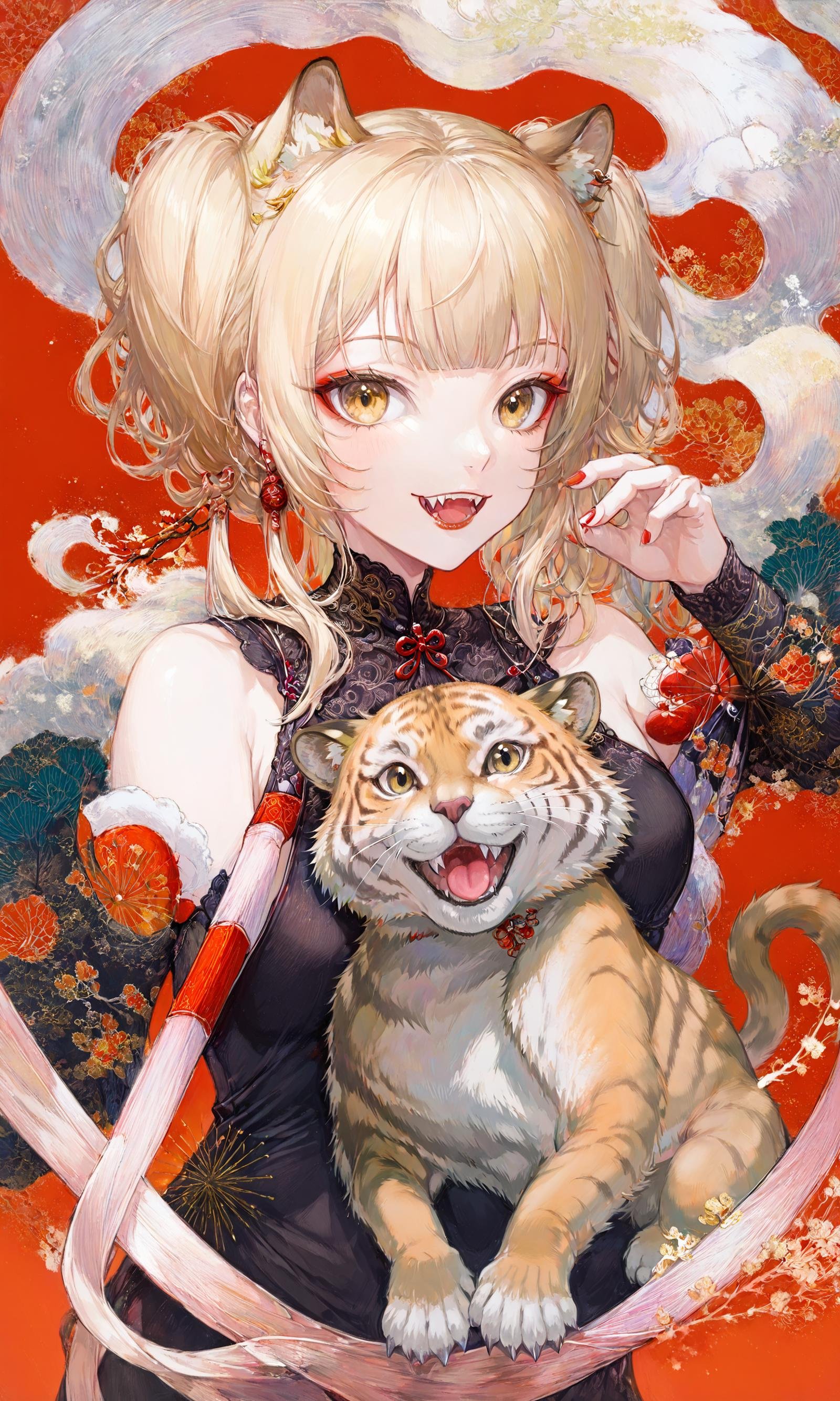 masterpiece,best quality,ultra-detailed,very aesthetic,absurdres,1girl,red background,blonde hair,long hair,bangs,earrings,jewelry,open mouth,tiger,looking at viewer,solo,fangs,chinese zodiac,smile,simple background,blunt bangs,teeth,chinese clothes,upper body,animal,year of the tiger,yellow eyes,red lips,holding,tongue,makeup,(full_body:1.2),