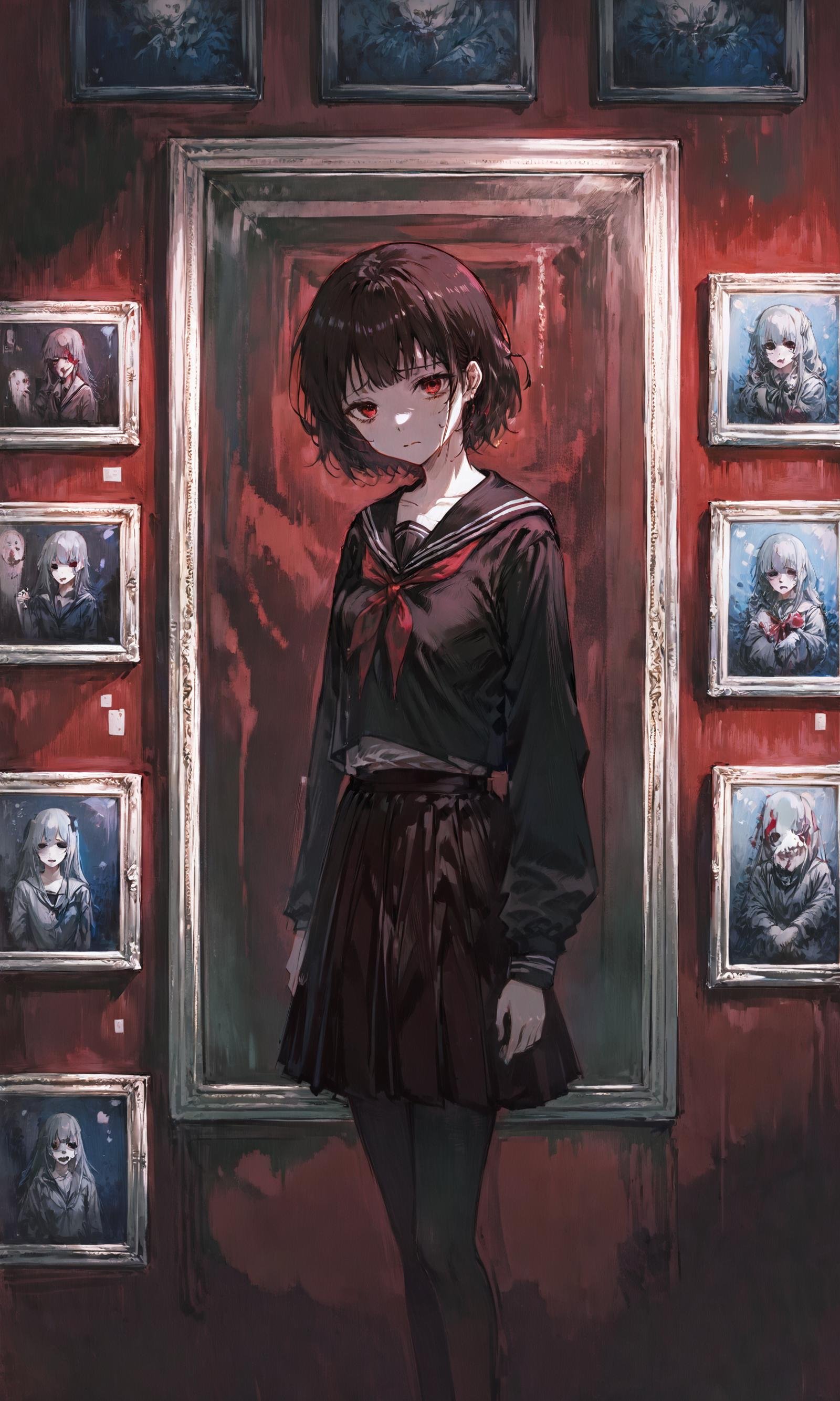 masterpiece,best quality,ultra-detailed,very aesthetic,absurdres,girl in Art Gallery,solo,school uniform,skirt,blood splatter,sailor collar,horror \(theme\),standing,red background,sad,photo \(object\),dark,night,