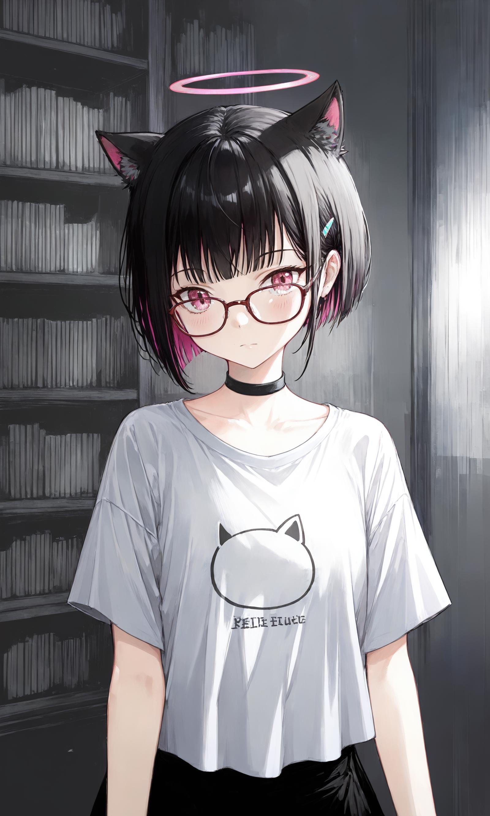 masterpiece,best quality,ultra-detailed,very aesthetic,absurdres,glasses,library,greyscale,kazusa (blue archive),1girl,animal ears,solo,black hair,halo,shirt,cat ears,pink hair,multicolored hair,white shirt,looking at viewer,choker,upper body,extra ears,blush,short sleeves,black choker,collarbone,black nails,colored inner hair,closed mouth,pink eyes,t-shirt,two-tone hair,pink halo,nail polish,alternate costume,short hair,