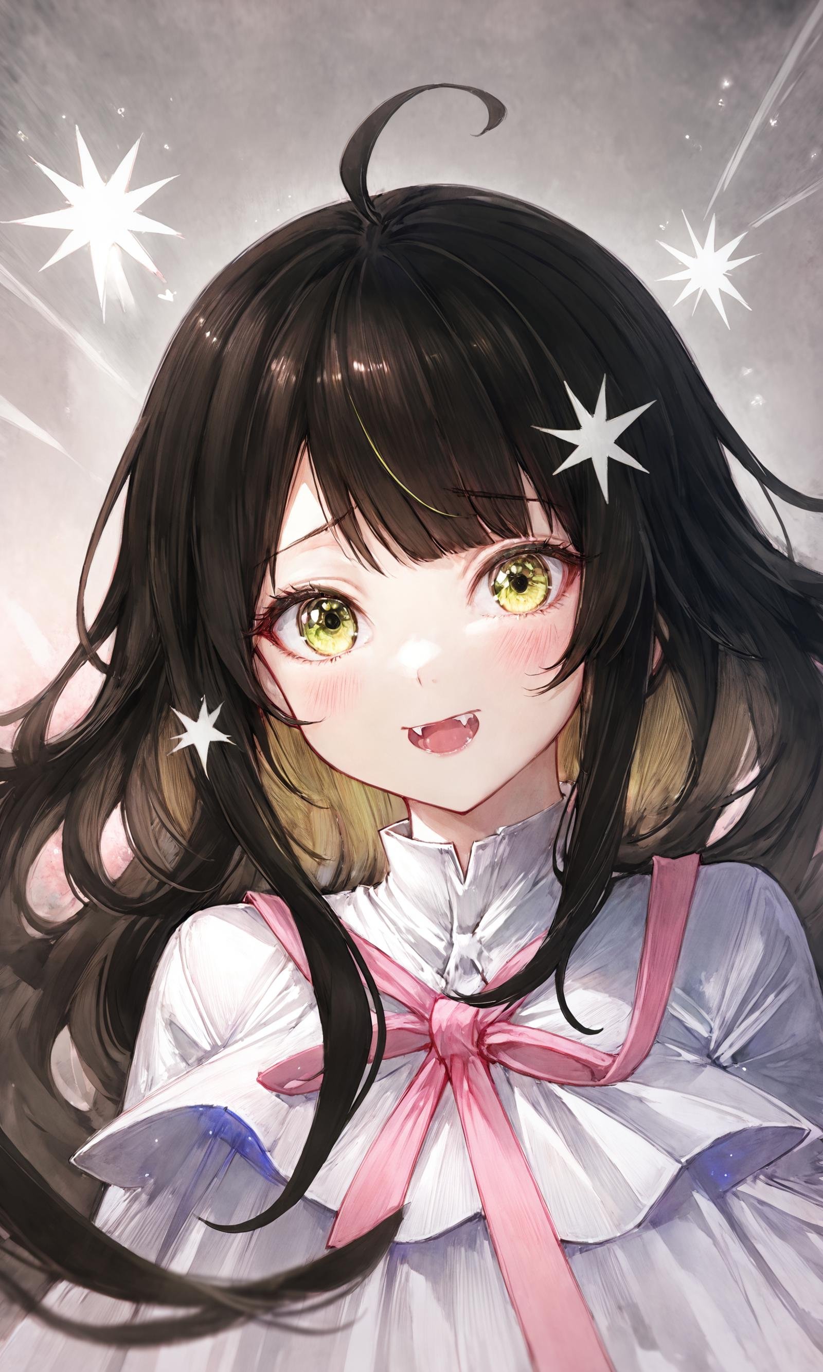 1girl,{{{very aesthetic}}},{{{{amazing quality}}}},dark brown hair,fangs,wide smile,{{ribbon bursts}},face focus,{{monochromatic shading, shadows, realism}},sparkles,depth of field,zoomed in face,sad,shiny,watercolor (medium),chromatic aberration,monochrome hair,dye,extremely long hair,yellow green eyes,glitter,sparkles,{{{heart eyes, {{semi-realistic}}, pink ribbons, tied, gemini, {{{shattered, pastels, hearts, monochrome, spot color, dynamic angle, tied up, best quality, amazing quality, very aesthetic, absurdres,,