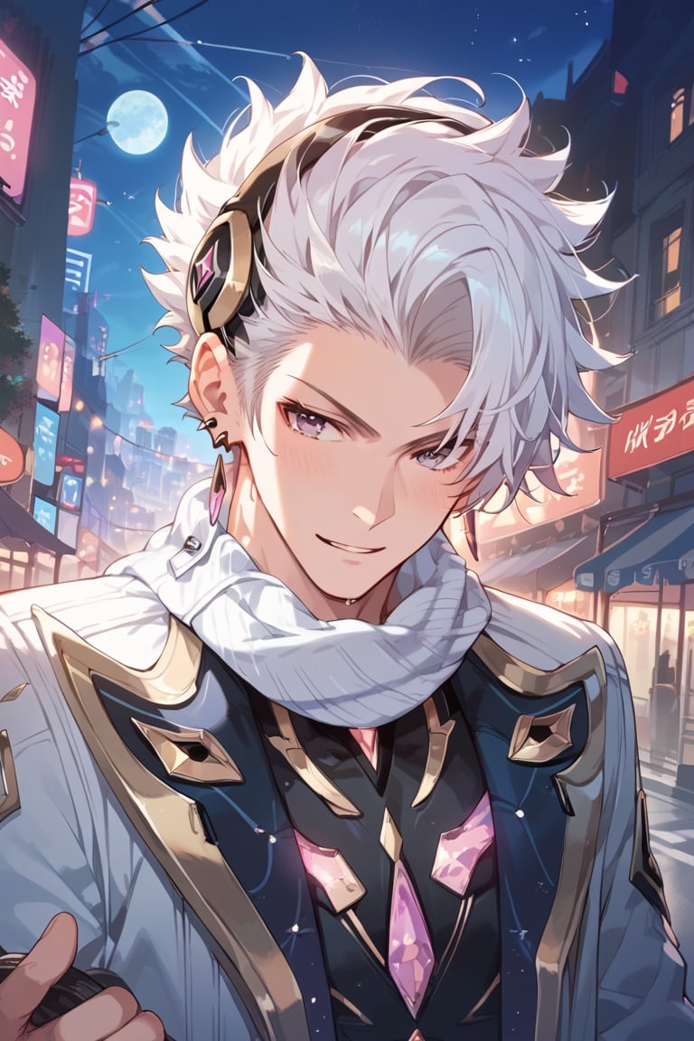 score_9, score_8_up, score_7_up, score_6_up,score_5_up,score_4_up,source_anime, masterpiece,highly detailed ,best quality,
BREAK, Nakroth2,1boy, solo, male focus, light skin, spiked hair, white hair, purple eyes, earrings, night time, city background,short hair , white clothes, full body