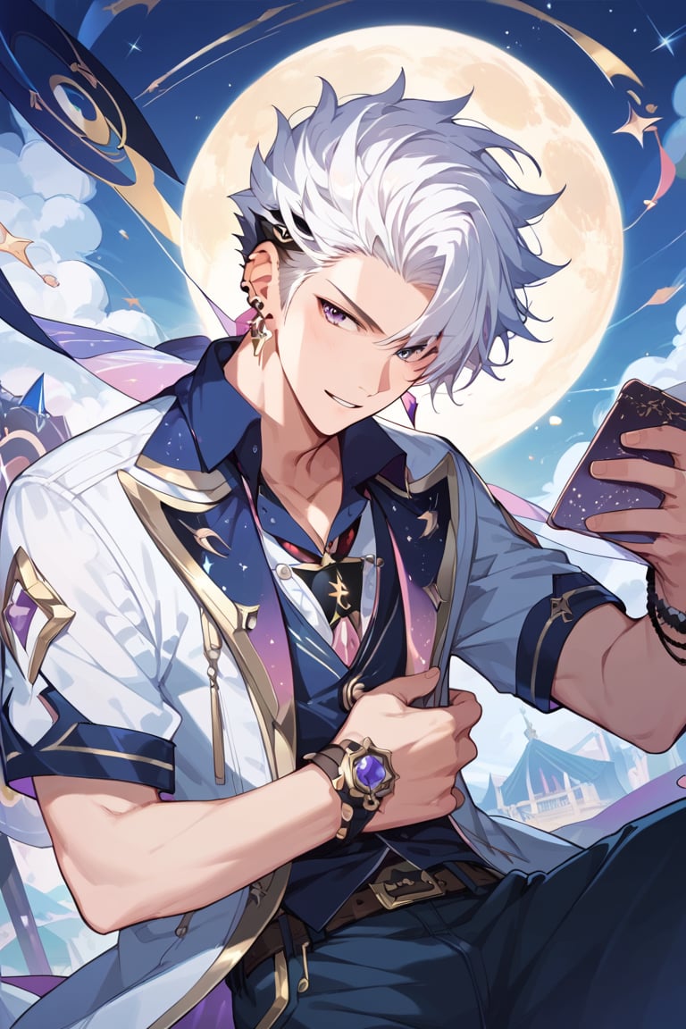 score_9, score_8_up, score_7_up, score_6_up,score_5_up,score_4_up,source_anime, masterpiece,highly detailed ,best quality,
BREAK,1boy, solo, male focus, light skin, spiked hair, white hair, purple eyes, earrings, night time, top-building background,short hair,Han Xin, white clothes 