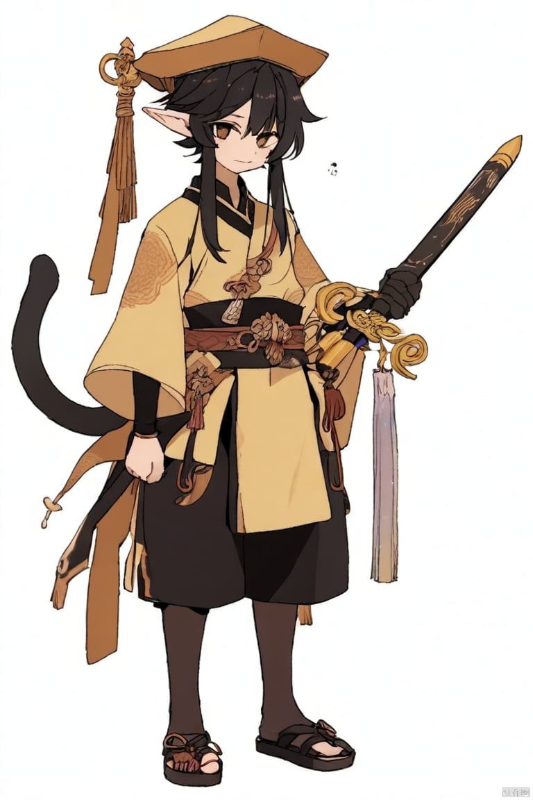 solo, long hair, looking at viewer, open mouth, bangs, simple background, black hair, long sleeves, 1boy, hat, white background, holding, brown eyes, standing, full body, weapon, braid, male focus, shorts, pointy ears, sword, wide sleeves, black footwear, hair over one eye, black eyes, sash, chinese clothes, black shorts, otoko no ko, tassel, ofuda, paintbrush, scroll, jiangshi, calligraphy brush, qing guanmao, talisman, holding paintbrush,Iwashi 