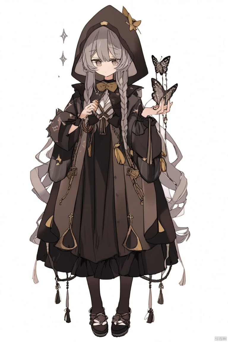 1girl, solo, long hair, long sleeves, 1boy, white background, dress, bow, holding, hair between eyes, jewelry, standing, full body, braid, grey hair, male focus, earrings, hood, black footwear, black dress, twin braids, bug, butterfly, tassel, hood up,Iwashi 