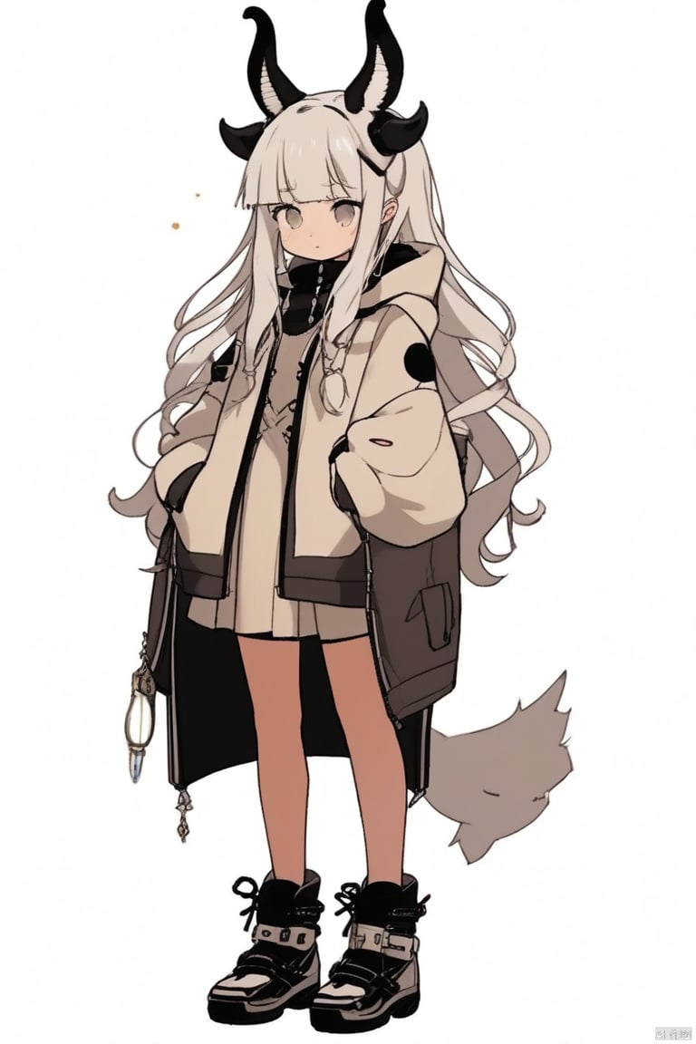 1girl, solo, long hair, looking at viewer, bangs, simple background, long sleeves, white background, dress, animal ears, jewelry, closed mouth, standing, jacket, full body, white hair, earrings, boots, horns, black footwear, sleeves past wrists, grey eyes, mask, bandaid, sleeves past fingers,Iwashi 