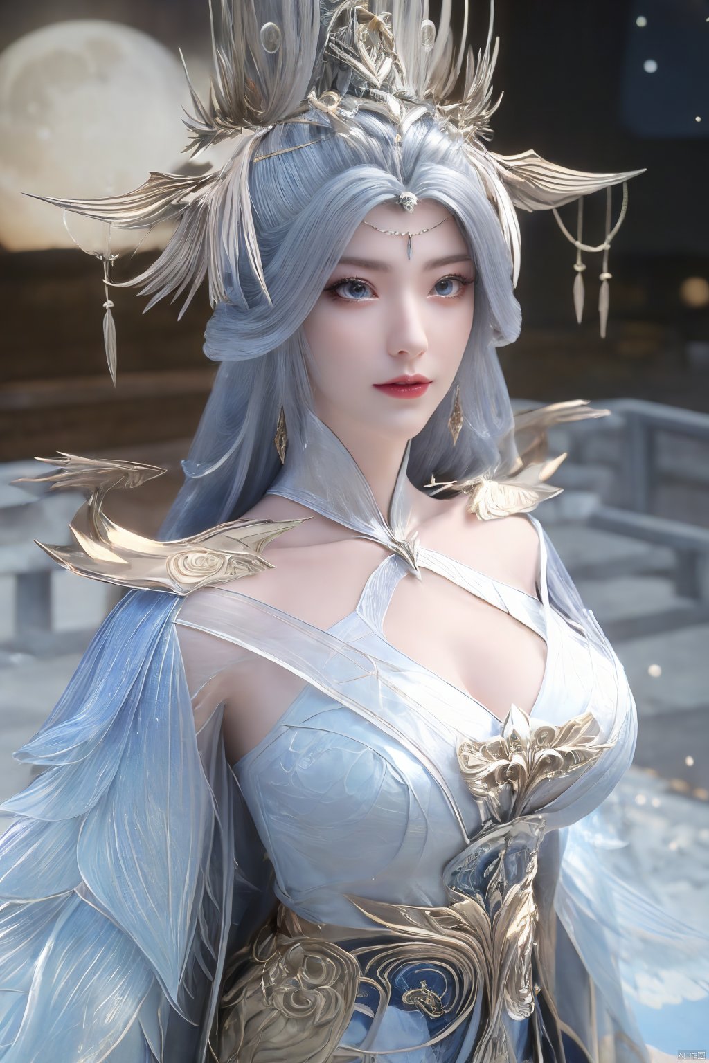 (Masterpiece:1.2), best quality,1girl,blue eyes,long white hair,silver crown,armor,headwear,gufeng,half body photo,petal,real,photo realistic,highly detailed,(masterpiece),(high quality),best quality,super detailed,full detail,4k,8k,Xningyudie,(big breasts:1.5),X-Hydrangea,(full moon,Hydrangea:1.29)