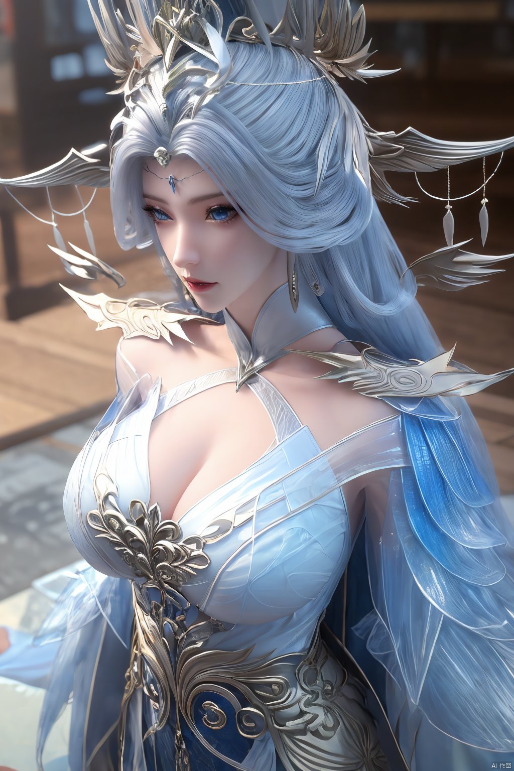 (Masterpiece:1.2), best quality,1girl,blue eyes,long white hair,silver crown,armor,headwear,gufeng,half body photo,petal,real,photo realistic,highly detailed,(masterpiece),(high quality),best quality,super detailed,full detail,4k,8k,Xningyudie,(big breasts:1.5),